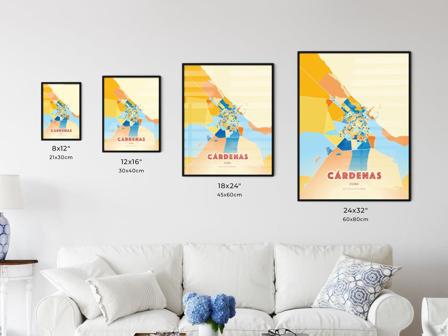 Colorful CÁRDENAS CUBA Fine Art Map Blue Orange