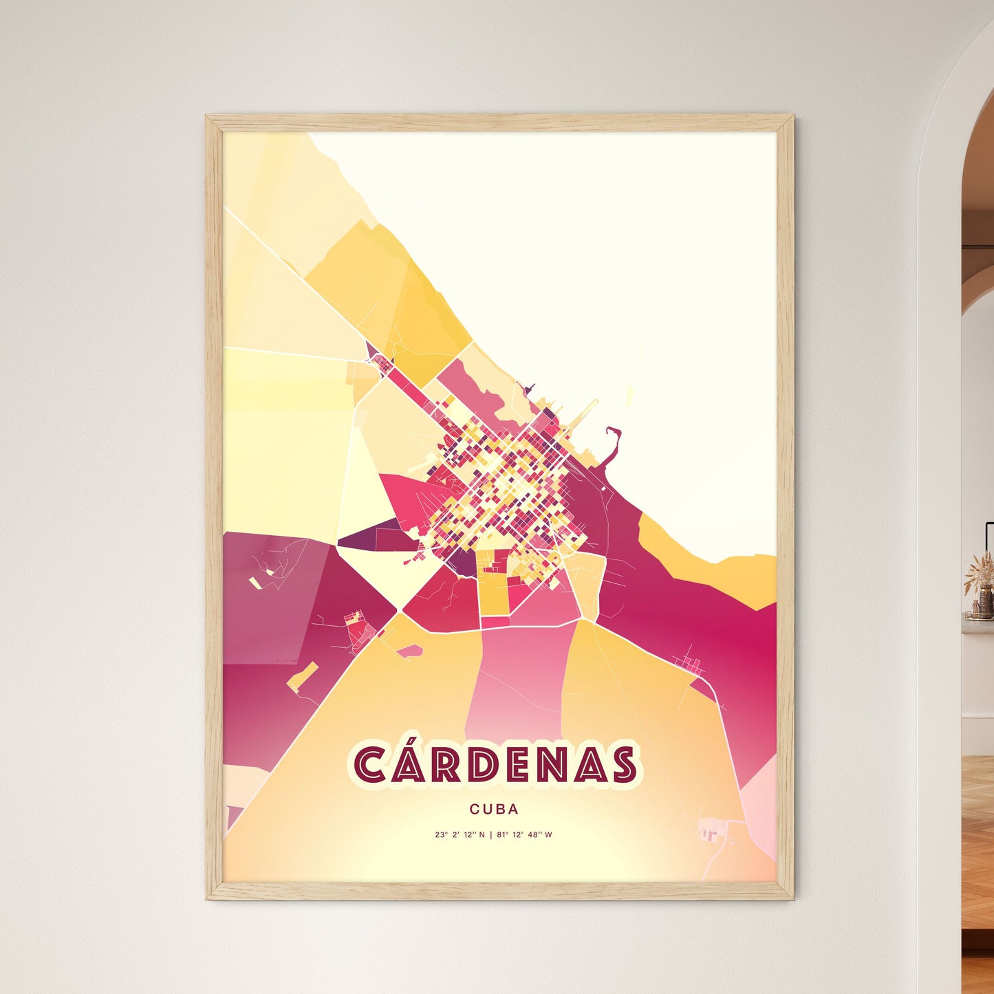 Colorful CÁRDENAS CUBA Fine Art Map Hot Red