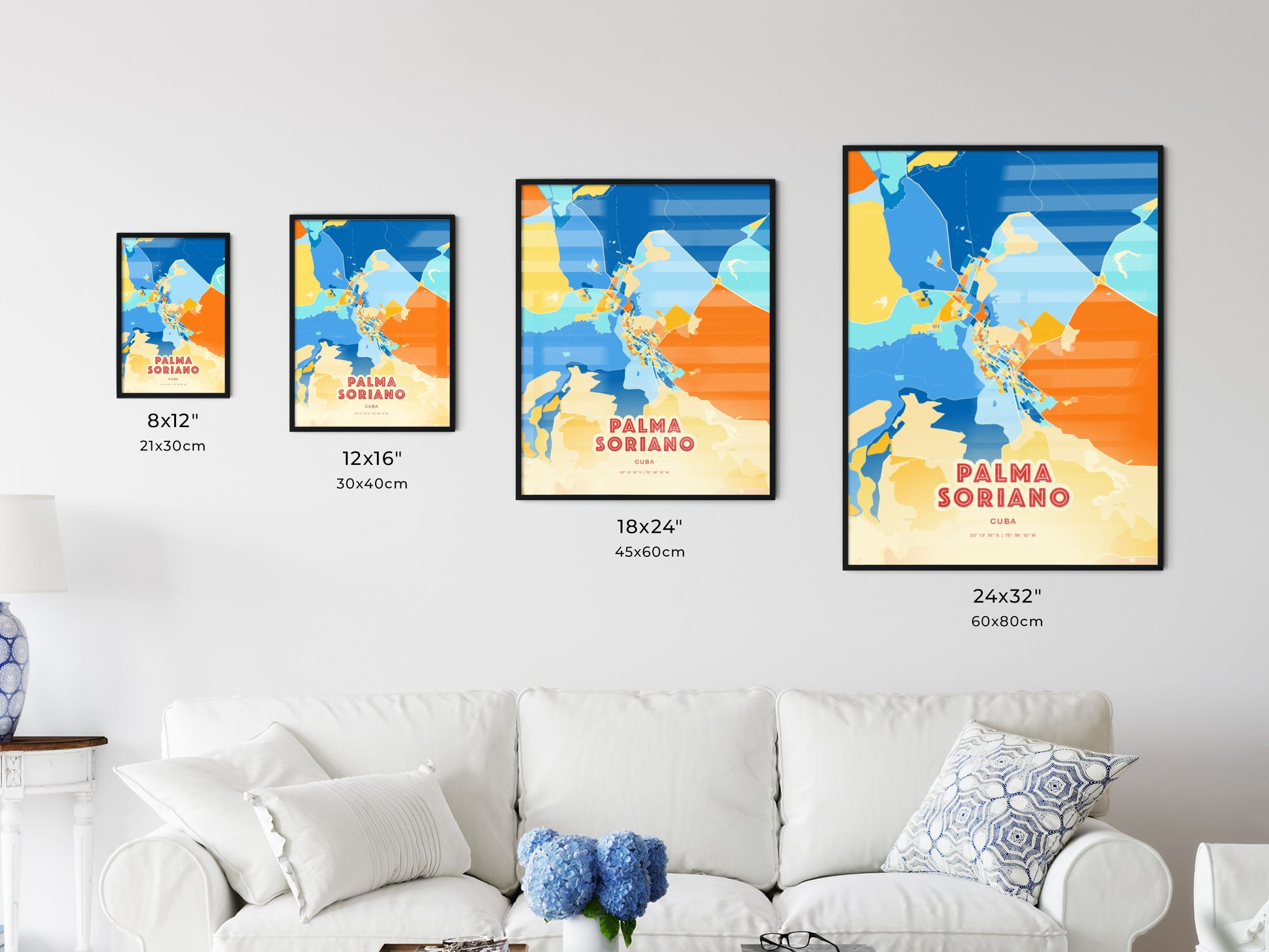 Colorful PALMA SORIANO CUBA Fine Art Map Blue Orange