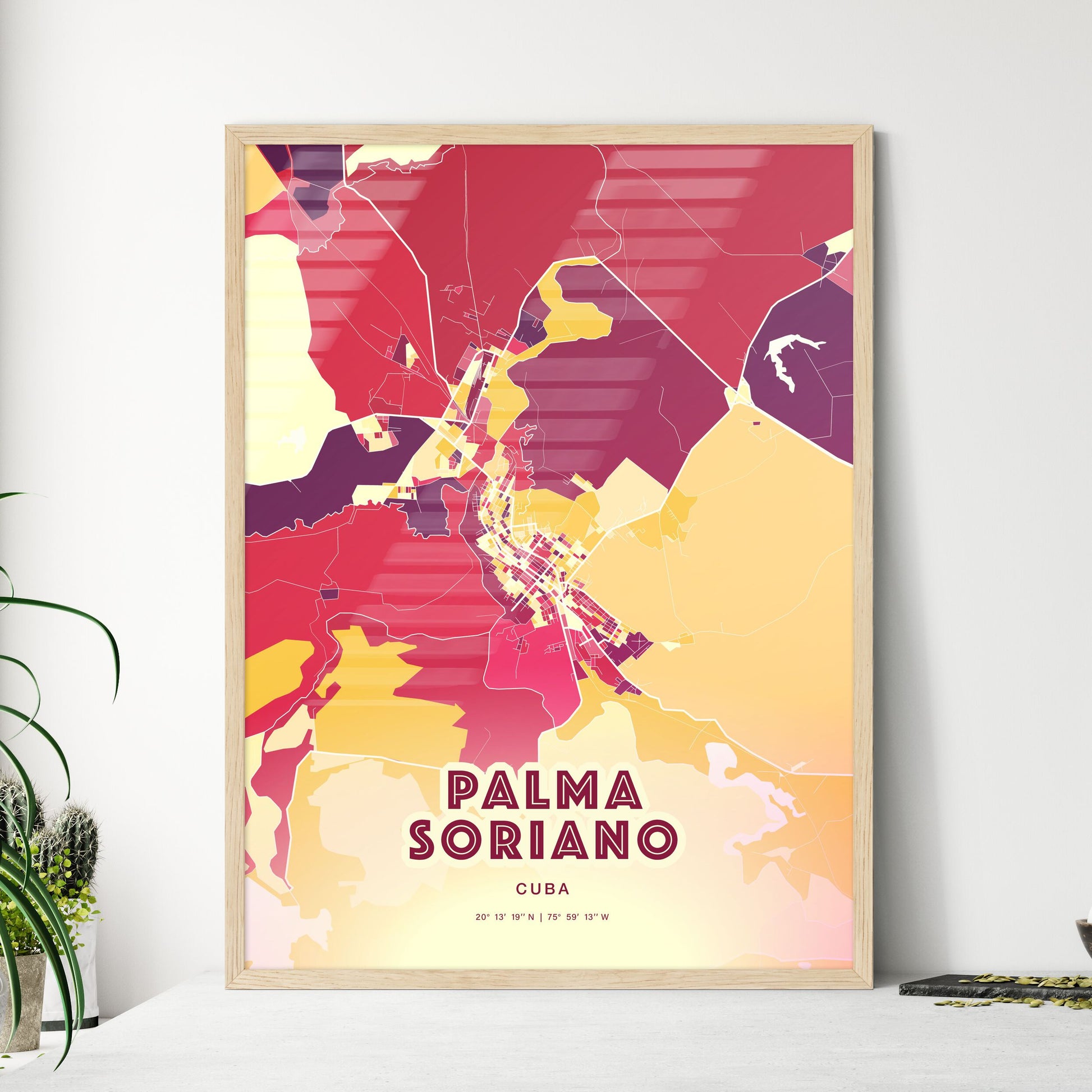 Colorful PALMA SORIANO CUBA Fine Art Map Hot Red