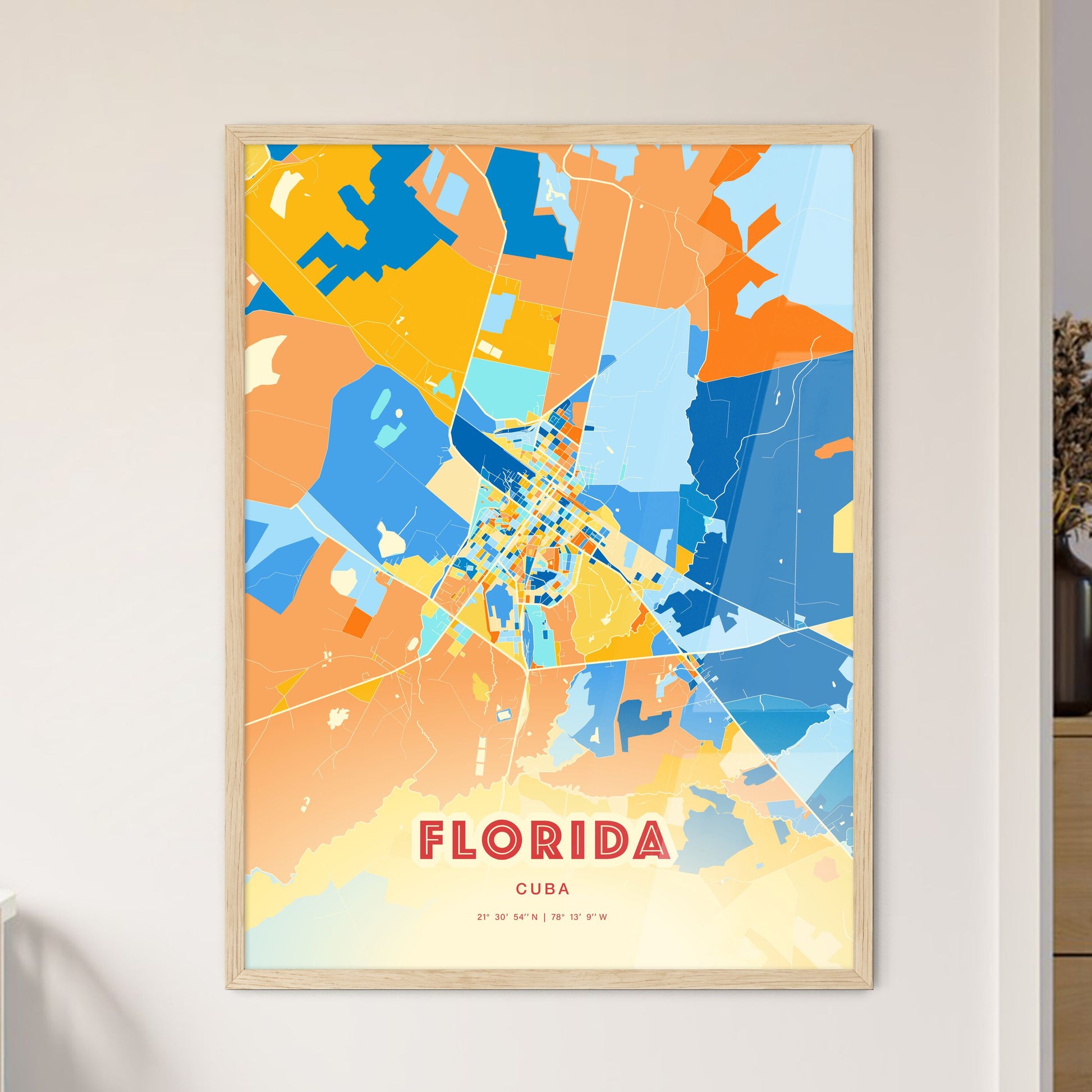 Colorful FLORIDA CUBA Fine Art Map Blue Orange