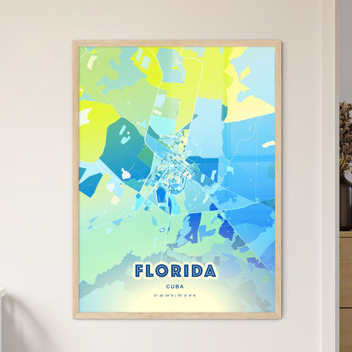 Colorful FLORIDA CUBA Fine Art Map Cool Blue