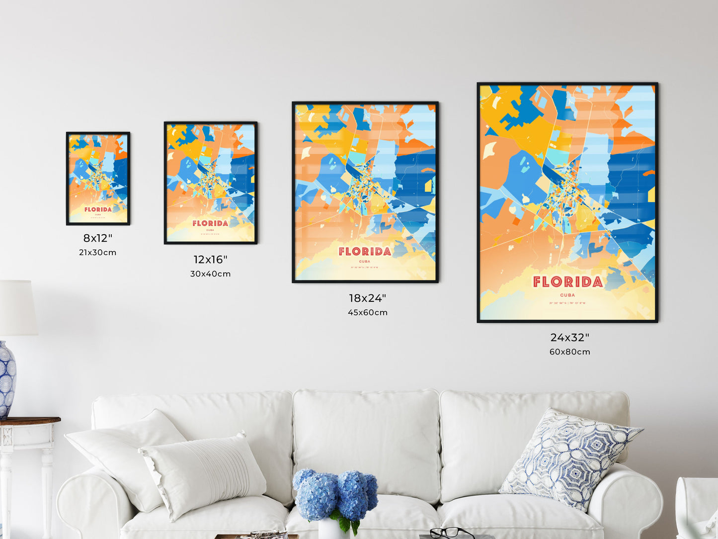 Colorful FLORIDA CUBA Fine Art Map Blue Orange