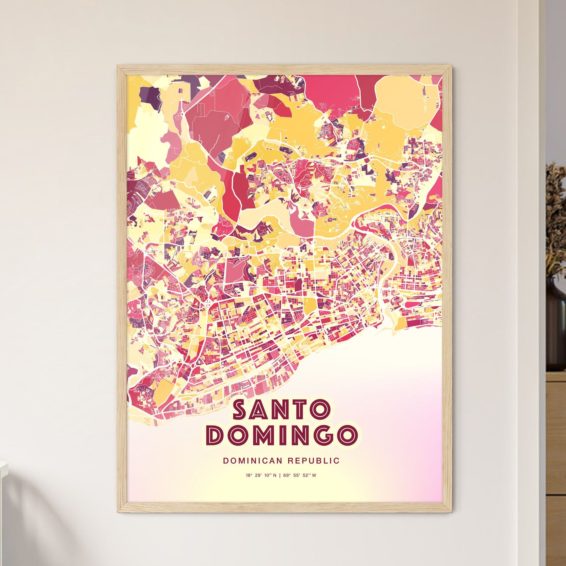 Colorful SANTO DOMINGO DOMINICAN REPUBLIC Fine Art Map Hot Red