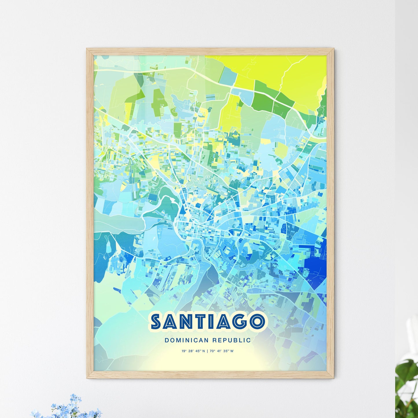 Colorful SANTIAGO DOMINICAN REPUBLIC Fine Art Map Cool Blue