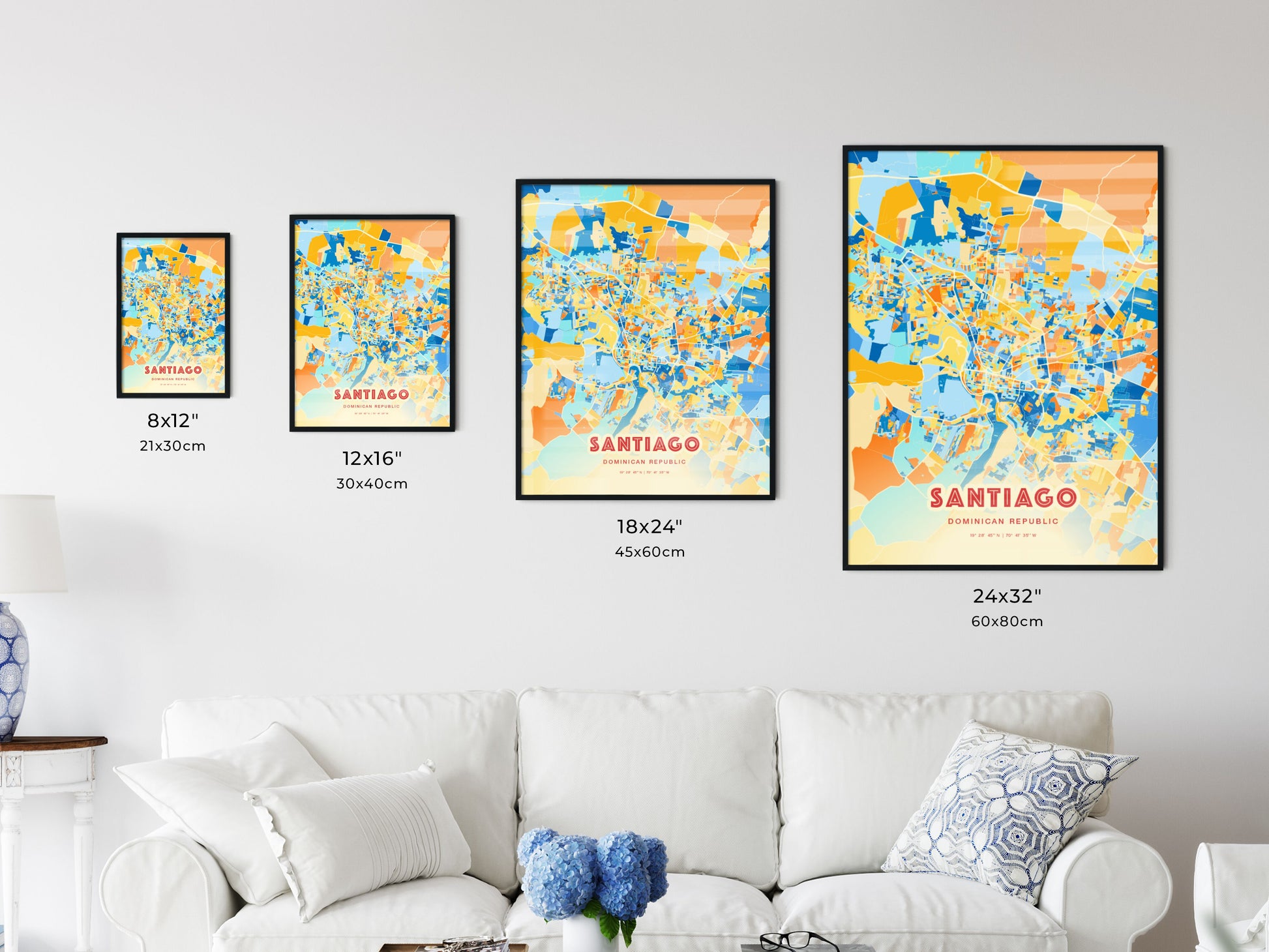 Colorful SANTIAGO DOMINICAN REPUBLIC Fine Art Map Blue Orange