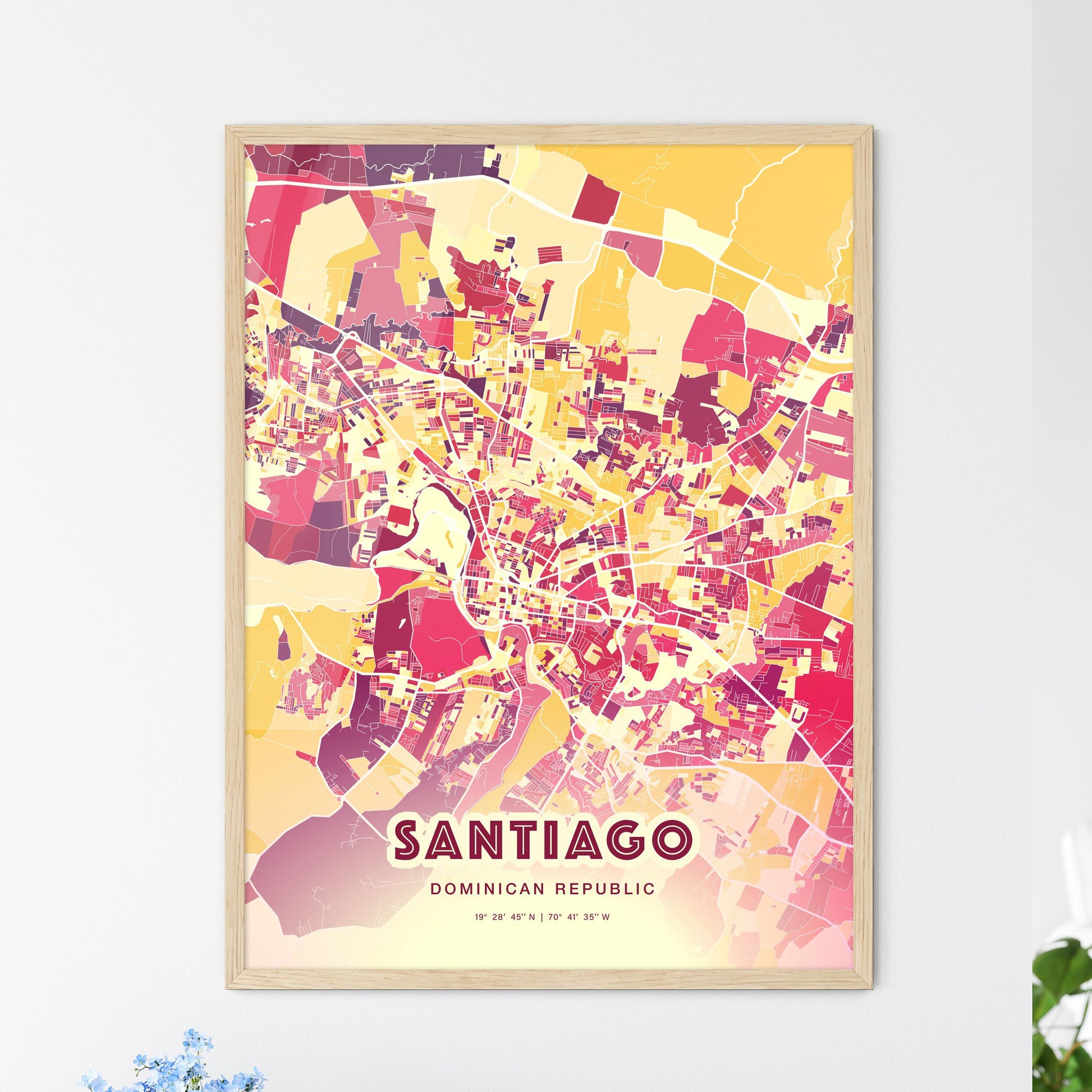 Colorful SANTIAGO DOMINICAN REPUBLIC Fine Art Map Hot Red