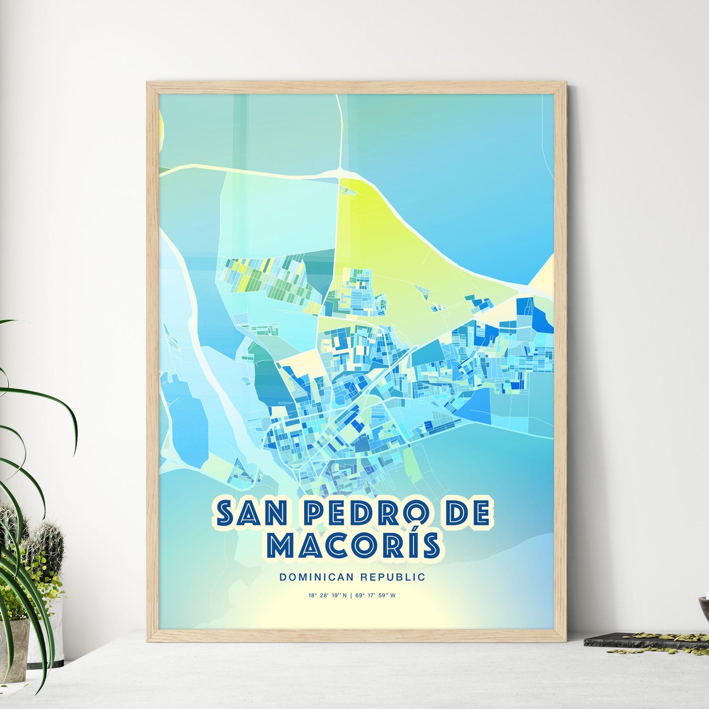 Colorful SAN PEDRO DE MACORÍS DOMINICAN REPUBLIC Fine Art Map Cool Blue