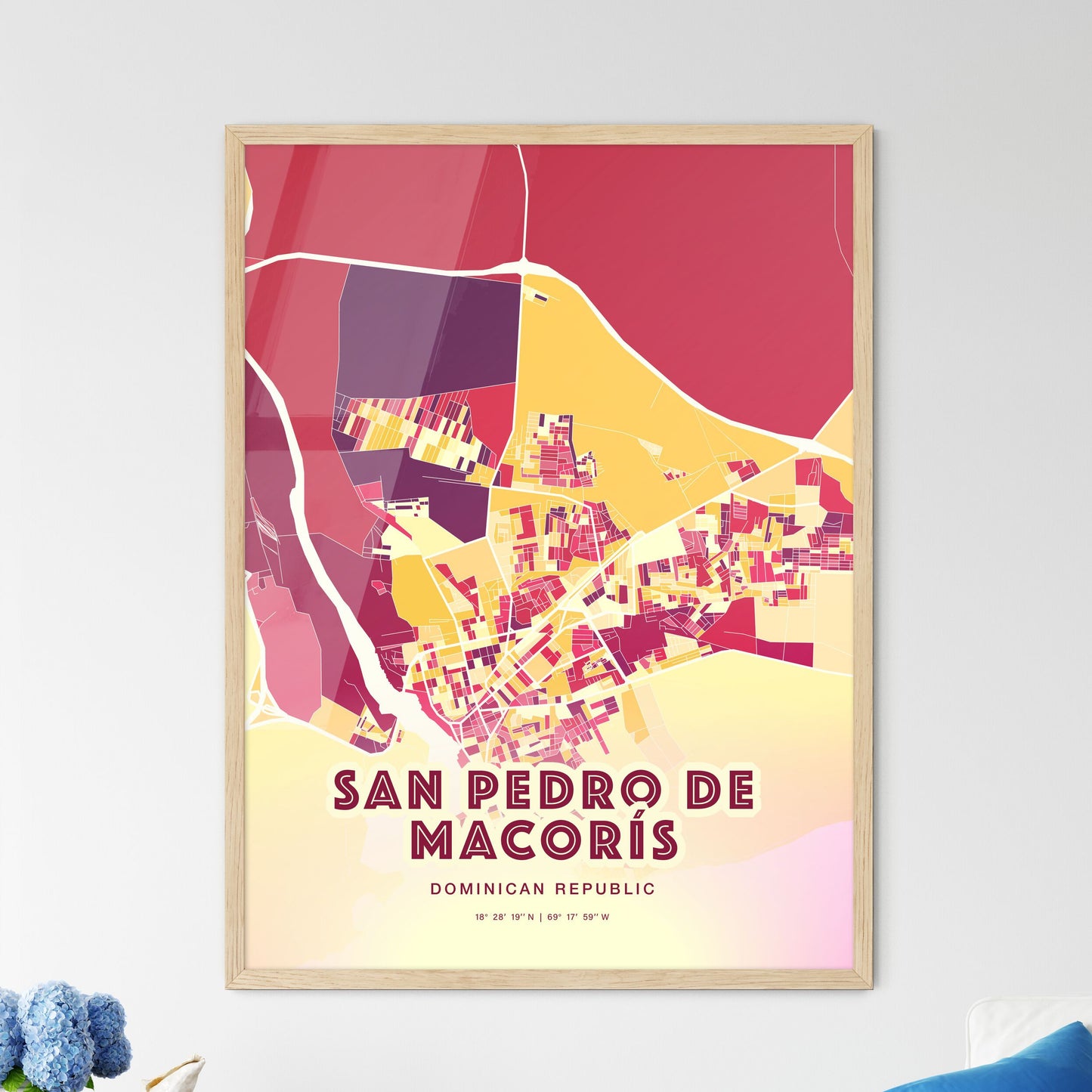 Colorful SAN PEDRO DE MACORÍS DOMINICAN REPUBLIC Fine Art Map Hot Red