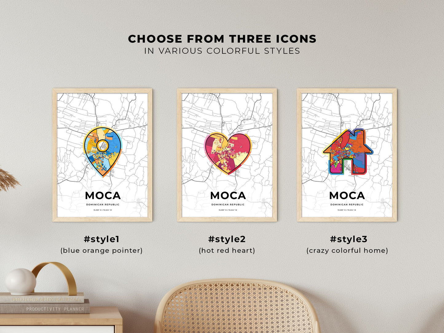 Moca Dominican Republic maps with colorful icons