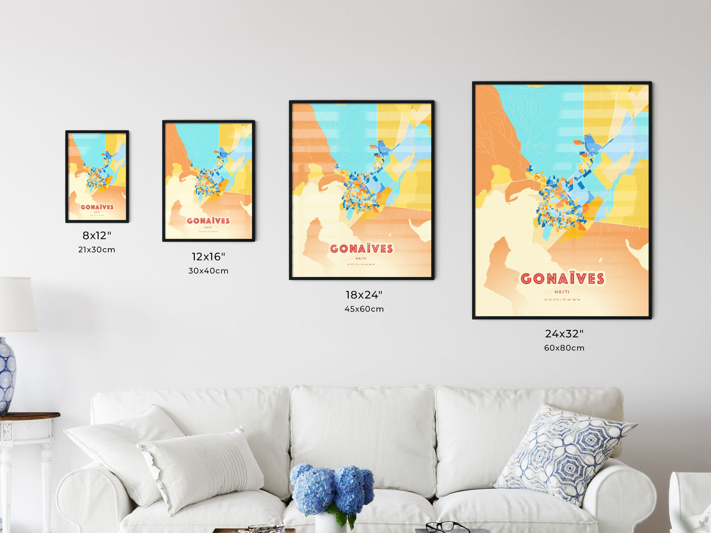 Colorful GONAÏVES HAITI Fine Art Map Blue Orange