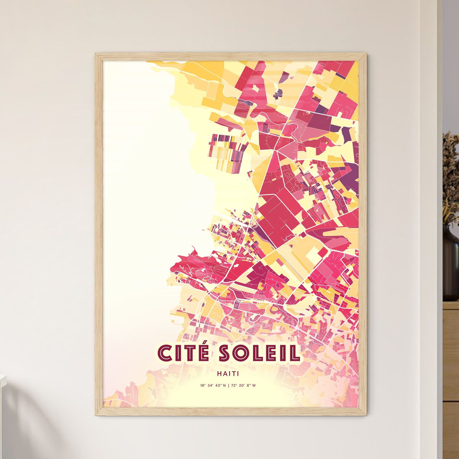 Colorful CITÉ SOLEIL HAITI Fine Art Map Hot Red