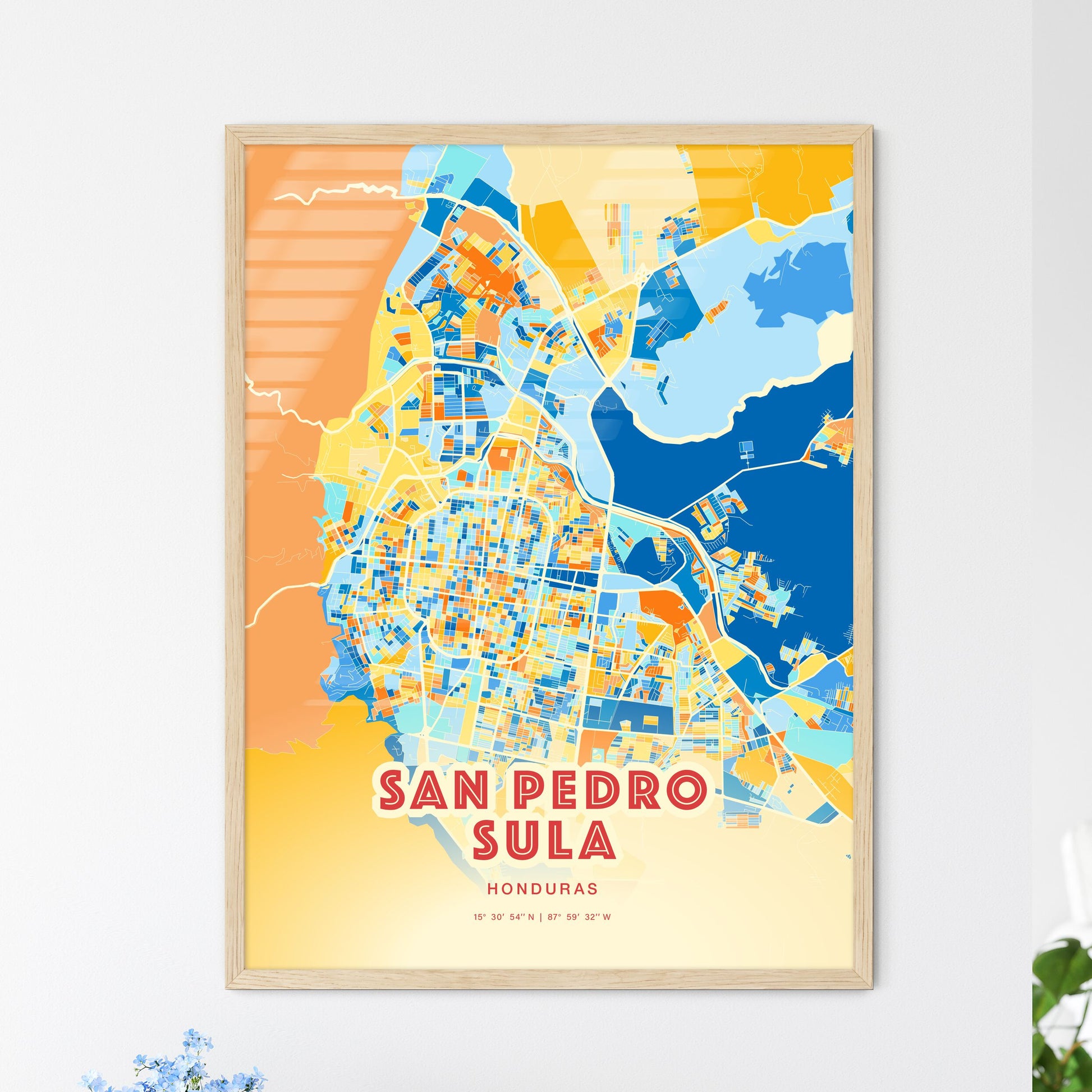 Colorful San Pedro Sula Honduras Fine Art Map Blue Orange