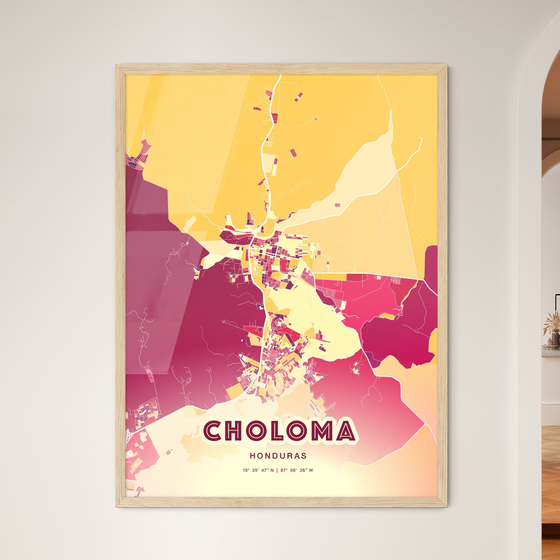 Colorful CHOLOMA HONDURAS Fine Art Map Hot Red