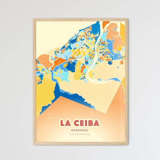 Colorful LA CEIBA HONDURAS Fine Art Map Blue Orange