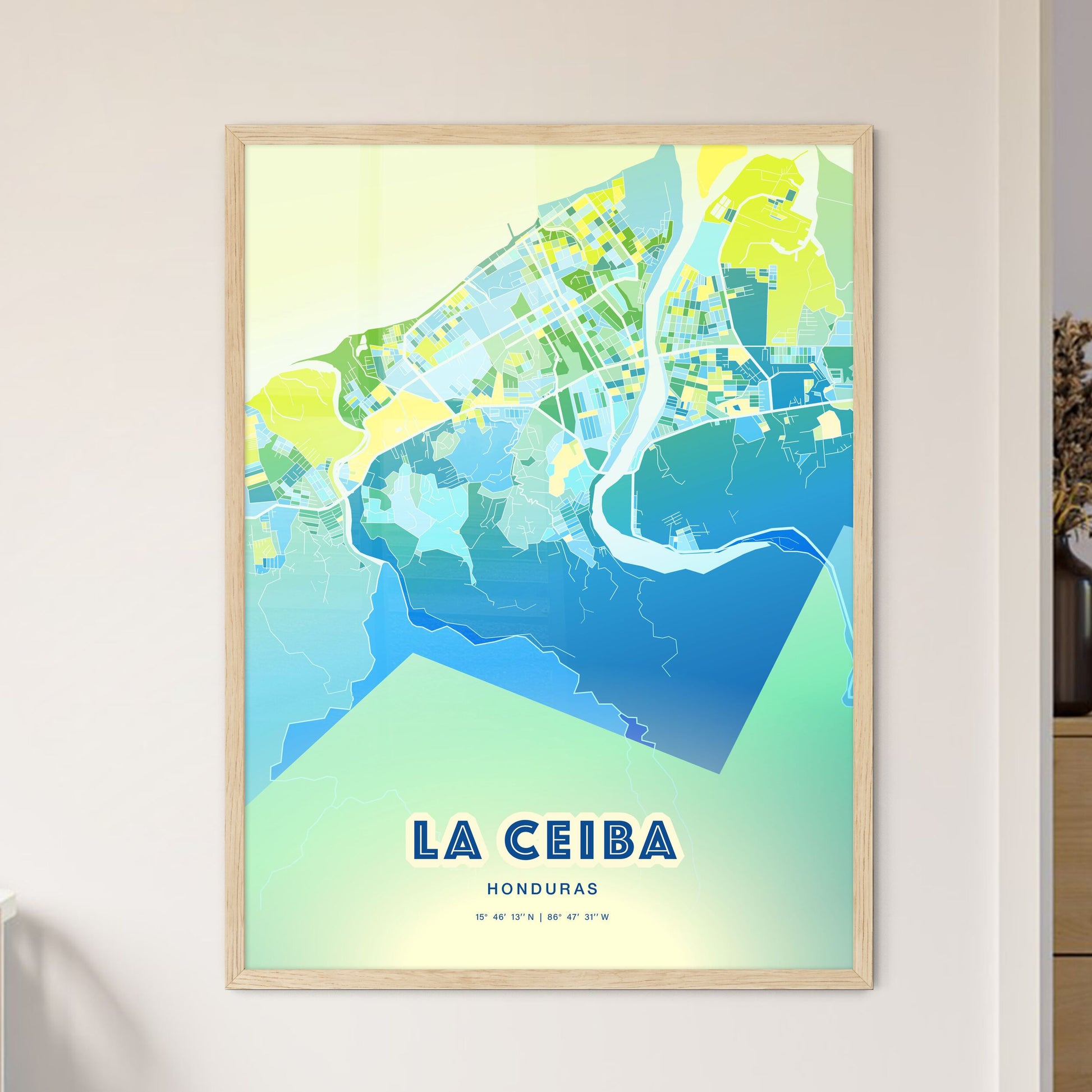 Colorful LA CEIBA HONDURAS Fine Art Map Cool Blue