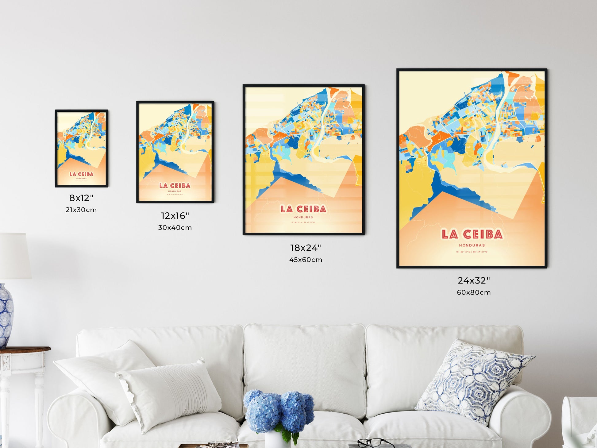 Colorful LA CEIBA HONDURAS Fine Art Map Blue Orange