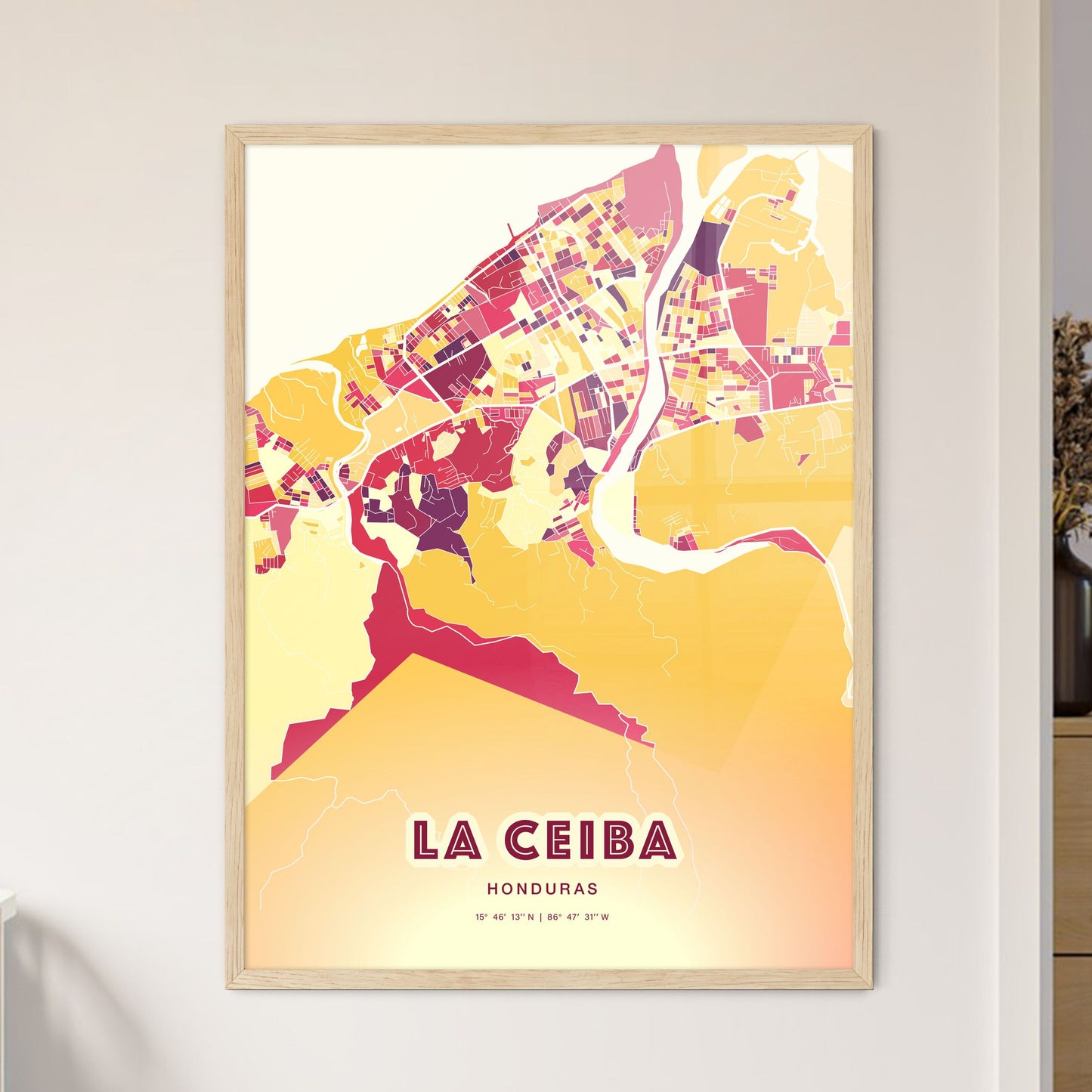 Colorful LA CEIBA HONDURAS Fine Art Map Hot Red