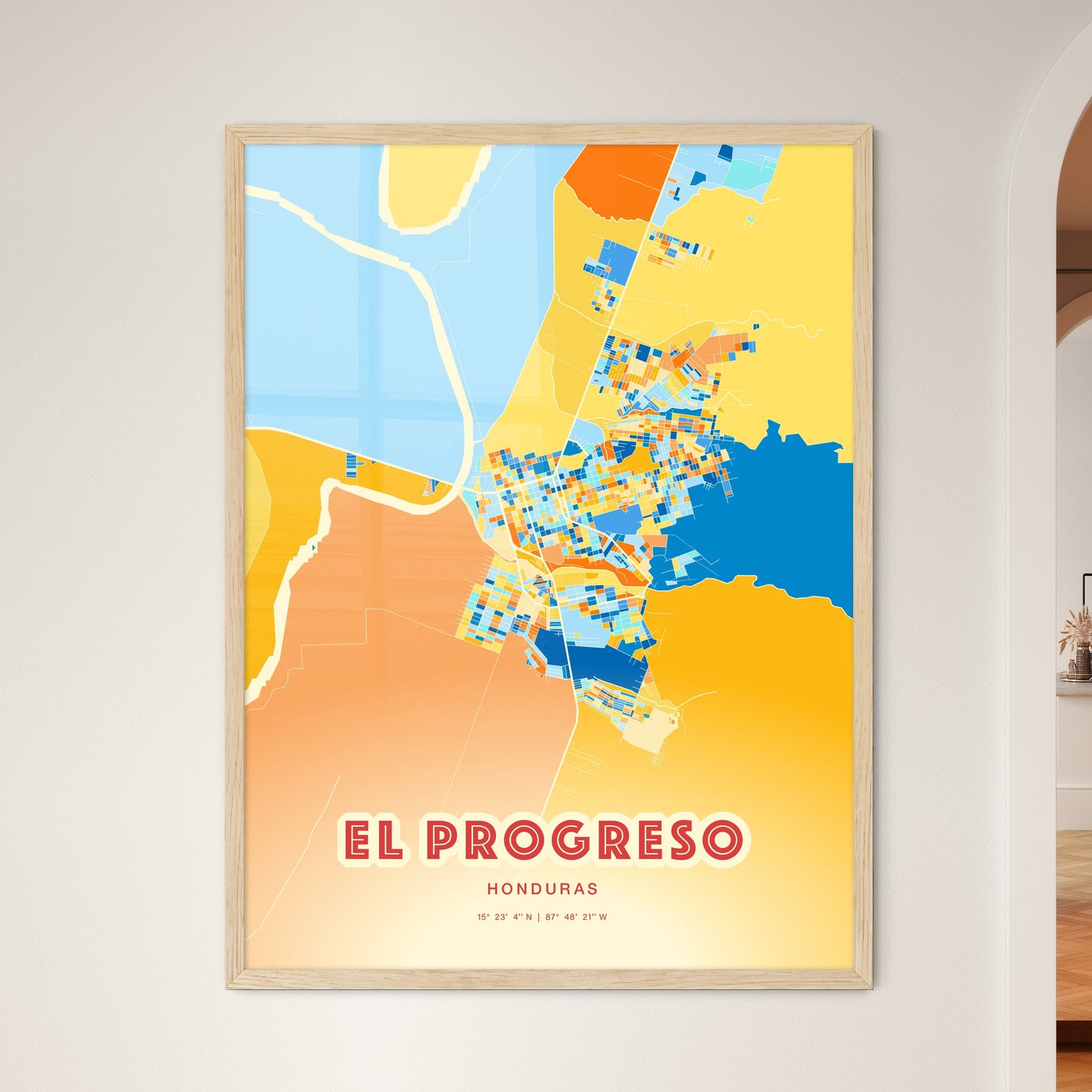 Colorful EL PROGRESO HONDURAS Fine Art Map Blue Orange