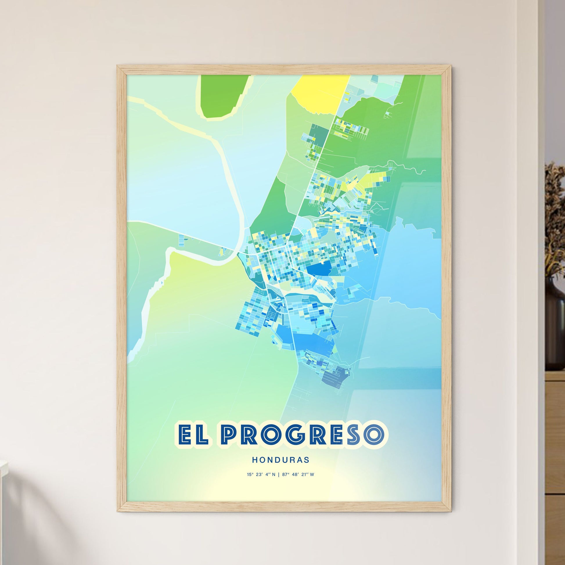 Colorful EL PROGRESO HONDURAS Fine Art Map Cool Blue