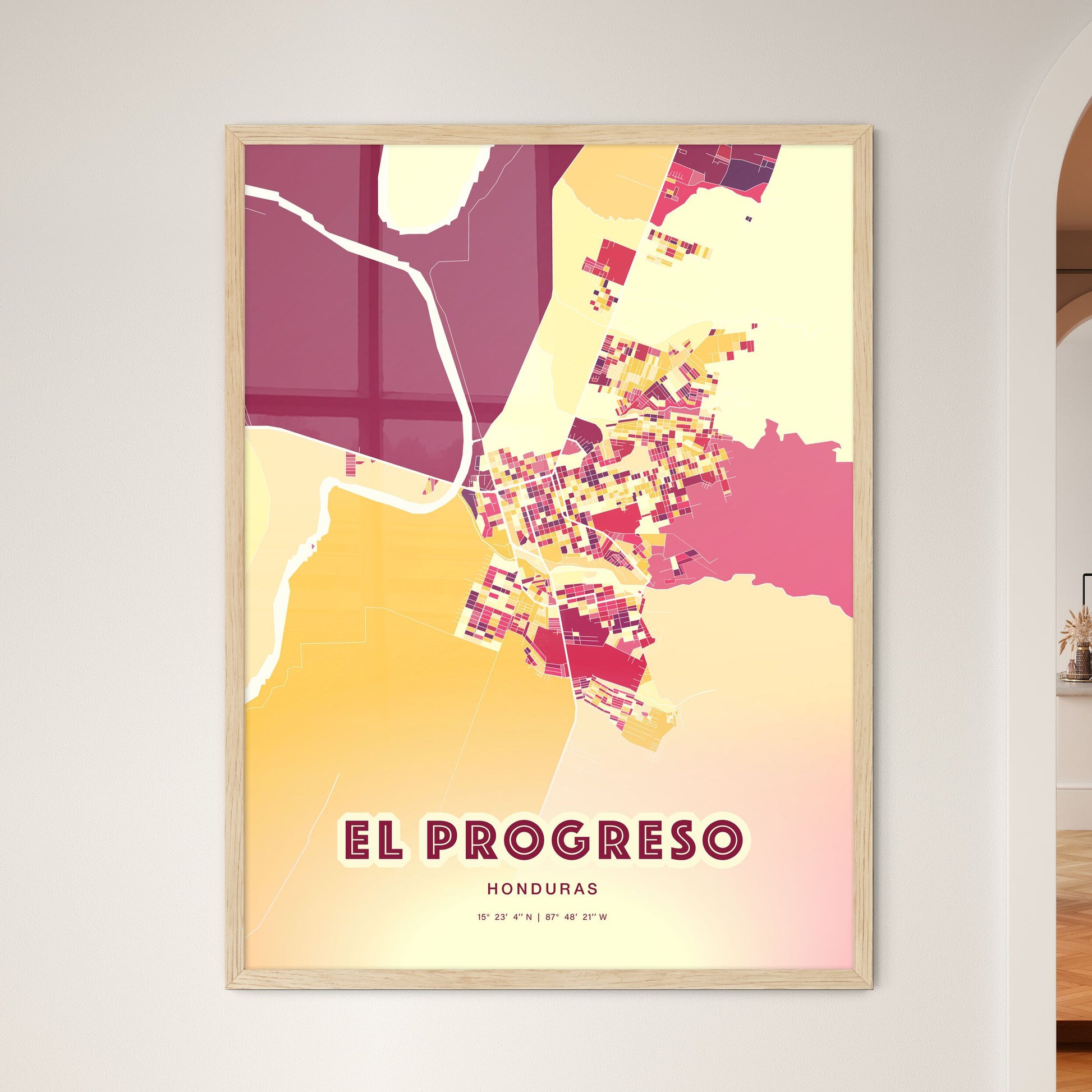 Colorful EL PROGRESO HONDURAS Fine Art Map Hot Red