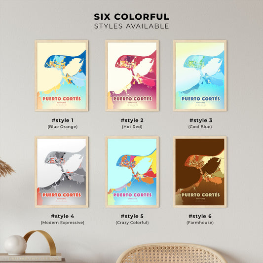Colorful PUERTO CORTÉS HONDURAS Fine Art Map Blue Orange