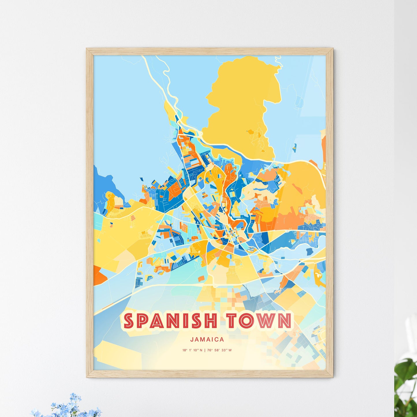 Colorful SPANISH TOWN JAMAICA Fine Art Map Blue Orange