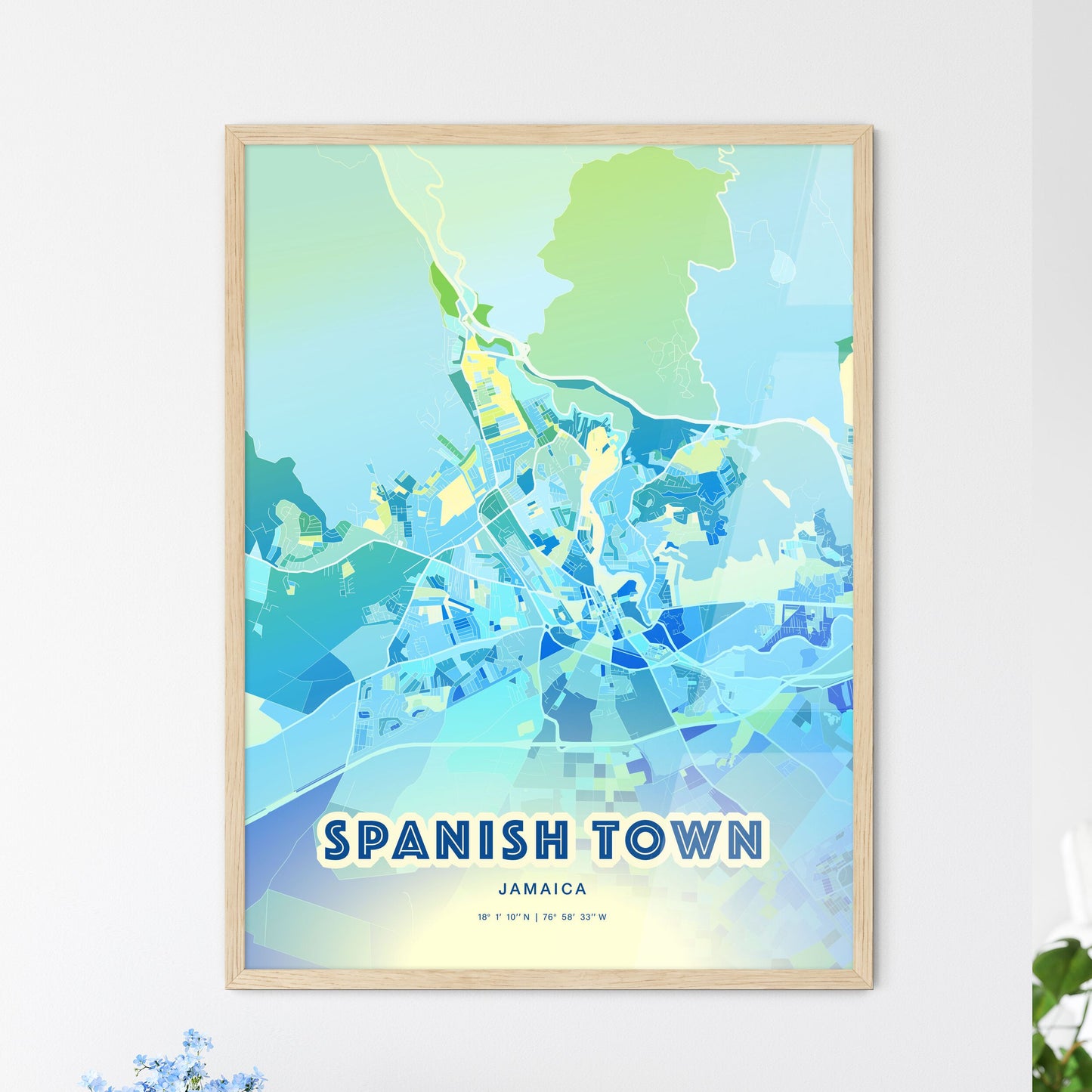 Colorful SPANISH TOWN JAMAICA Fine Art Map Cool Blue