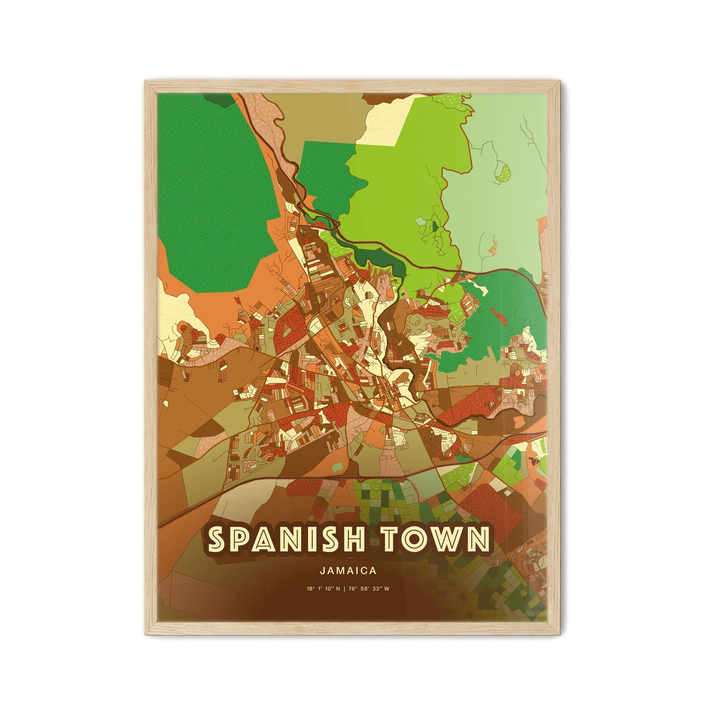 Colorful SPANISH TOWN JAMAICA Fine Art Map Farmhouse