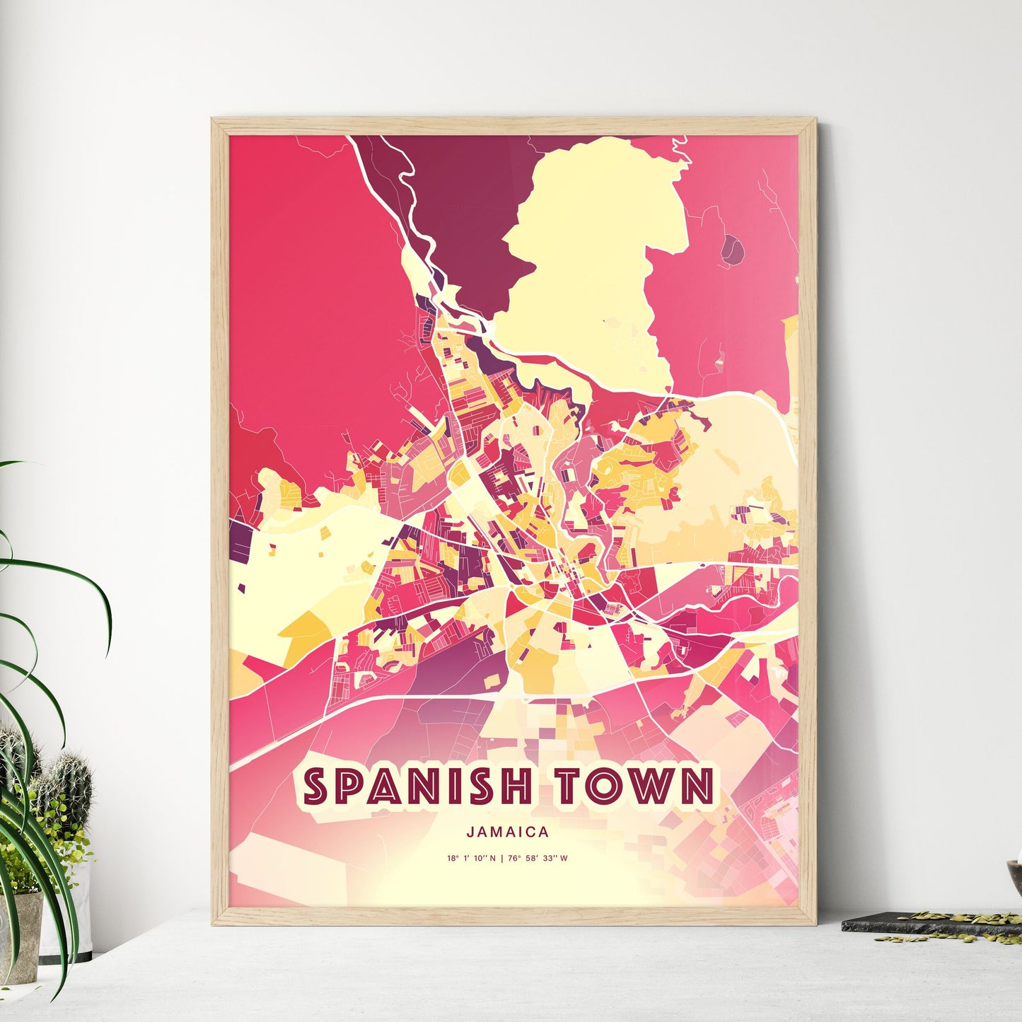 Colorful SPANISH TOWN JAMAICA Fine Art Map Hot Red