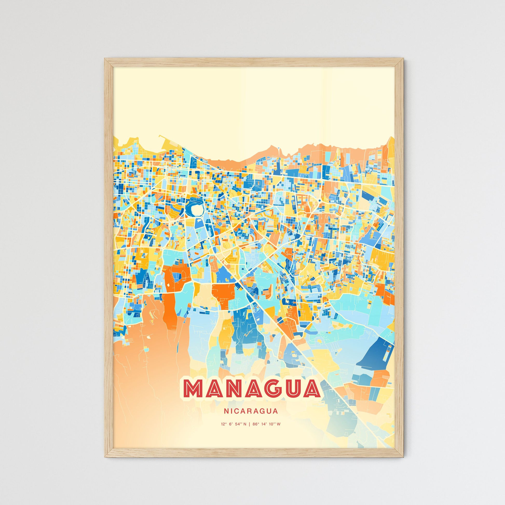 Colorful Managua Nicaragua Fine Art Map Blue Orange