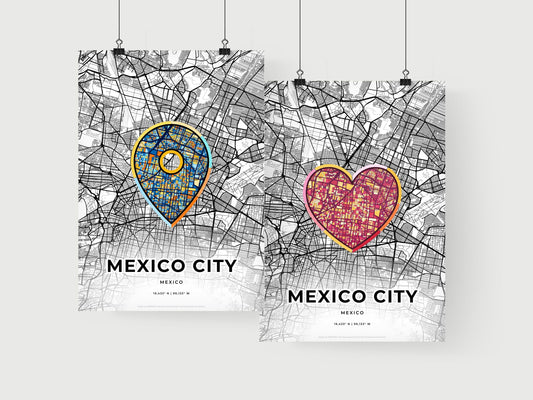 MEXICO CITY MEXICO minimal art map with a colorful icon. Where it all began, Couple map gift.