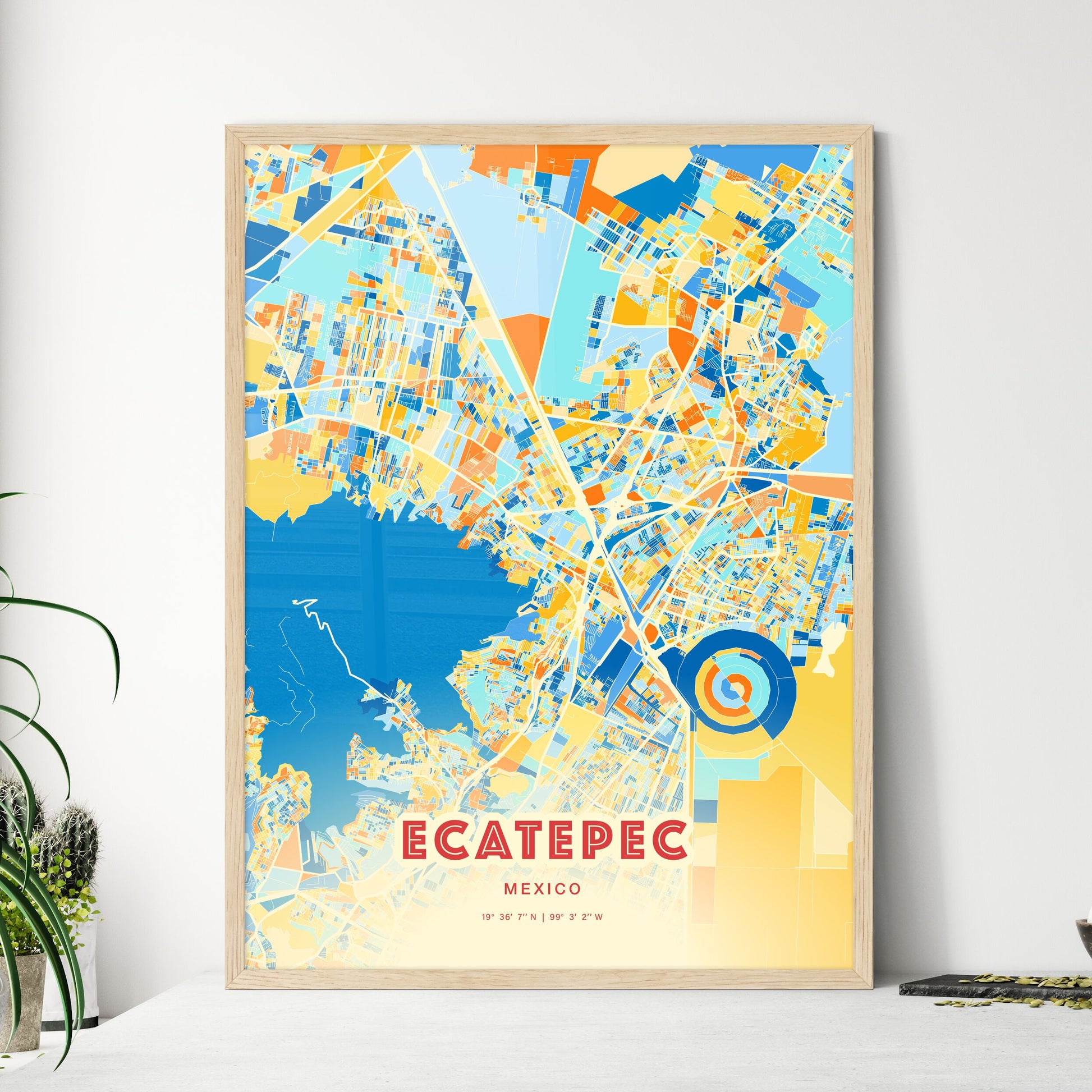 Colorful Ecatepec Mexico Fine Art Map Blue Orange