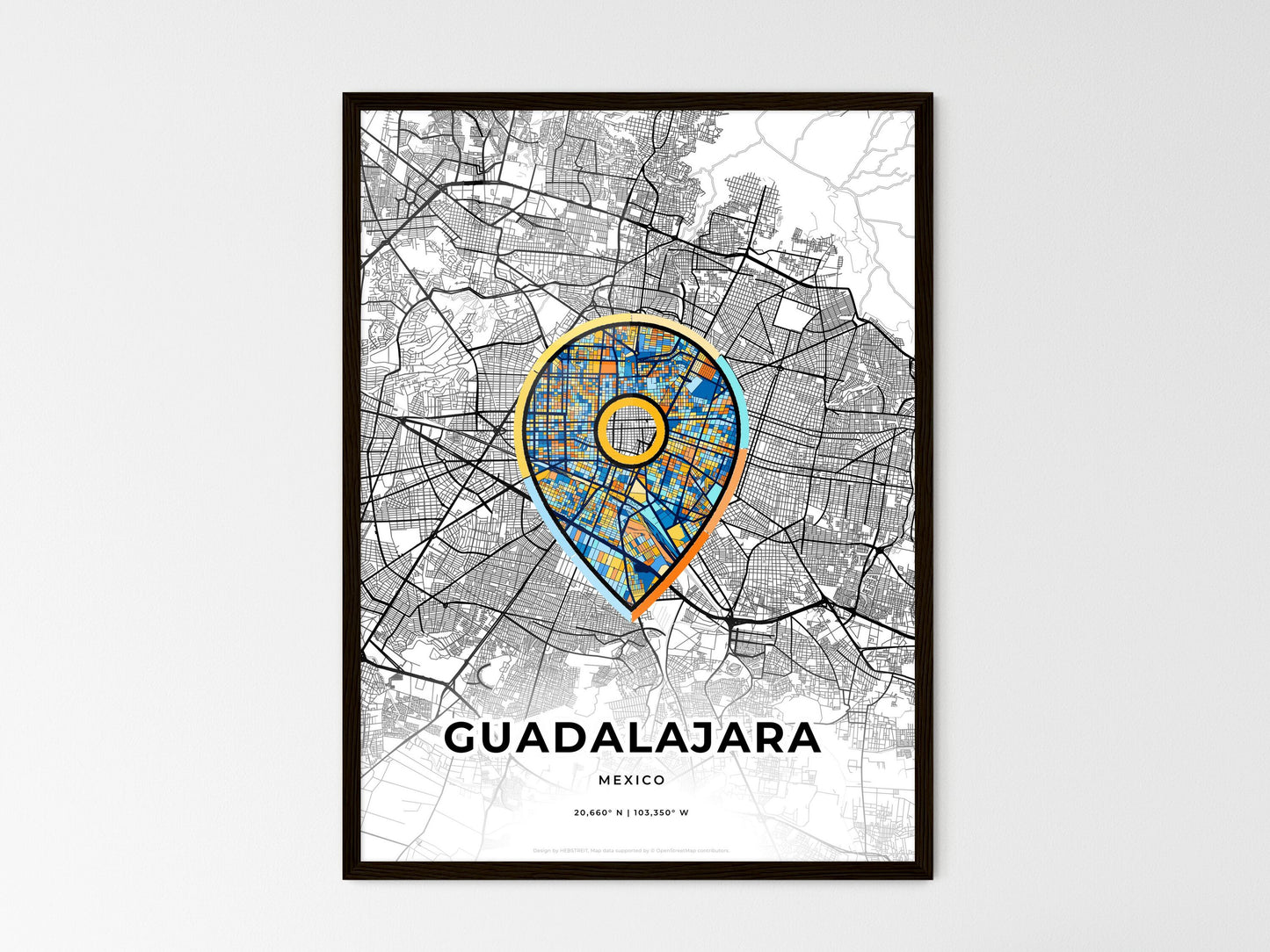 Guadalajara Mexico wedding art map with pointer icon