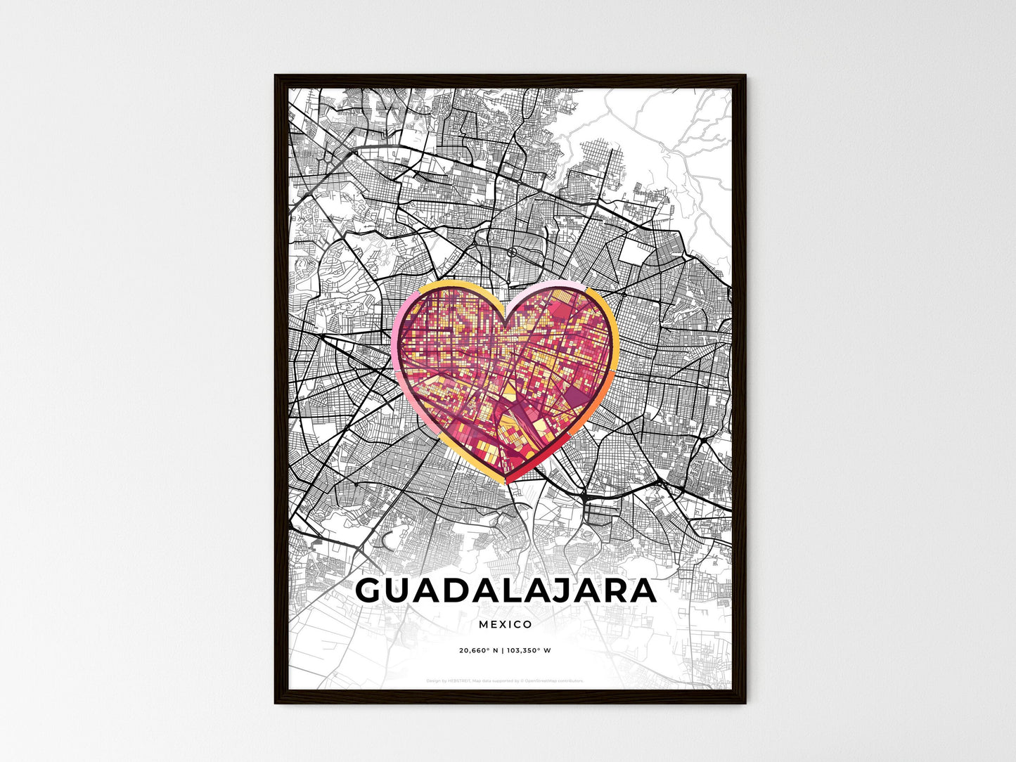 Guadalajara Mexico wedding art map with heart icon