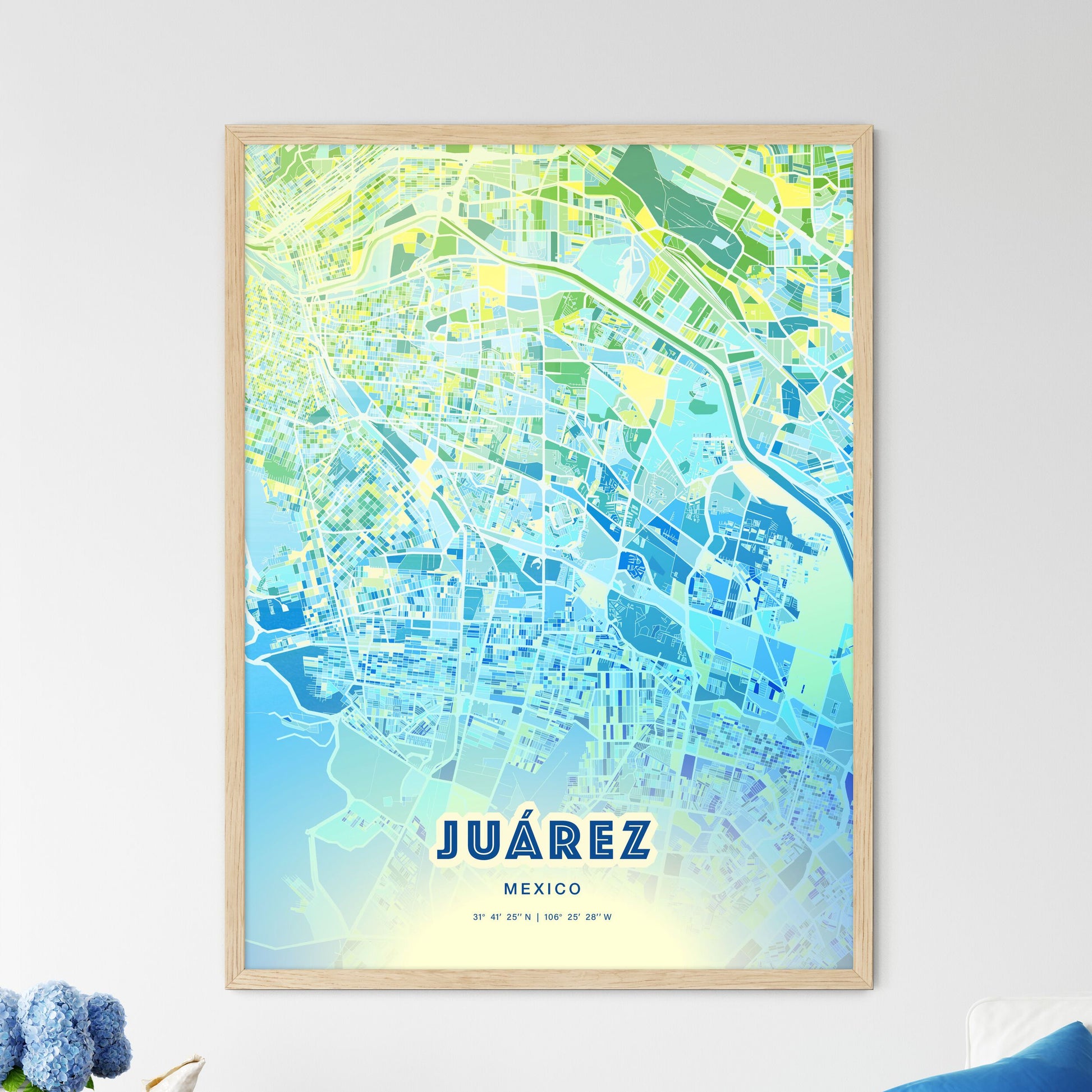 Colorful JUÁREZ MEXICO Fine Art Map Cool Blue