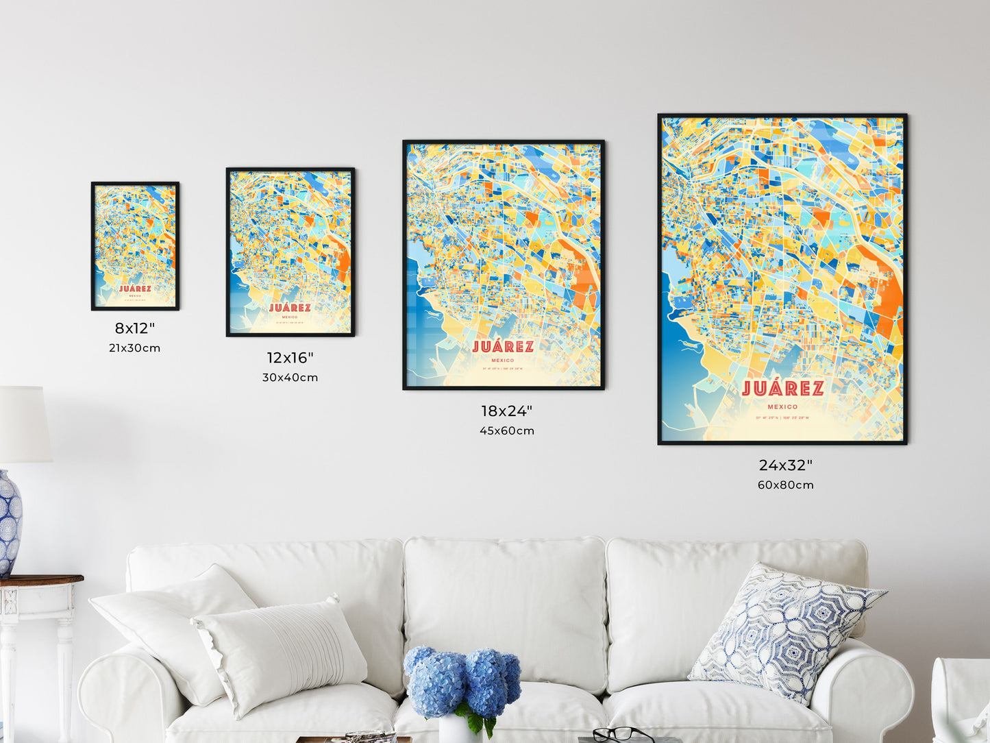 Colorful JUÁREZ MEXICO Fine Art Map Blue Orange