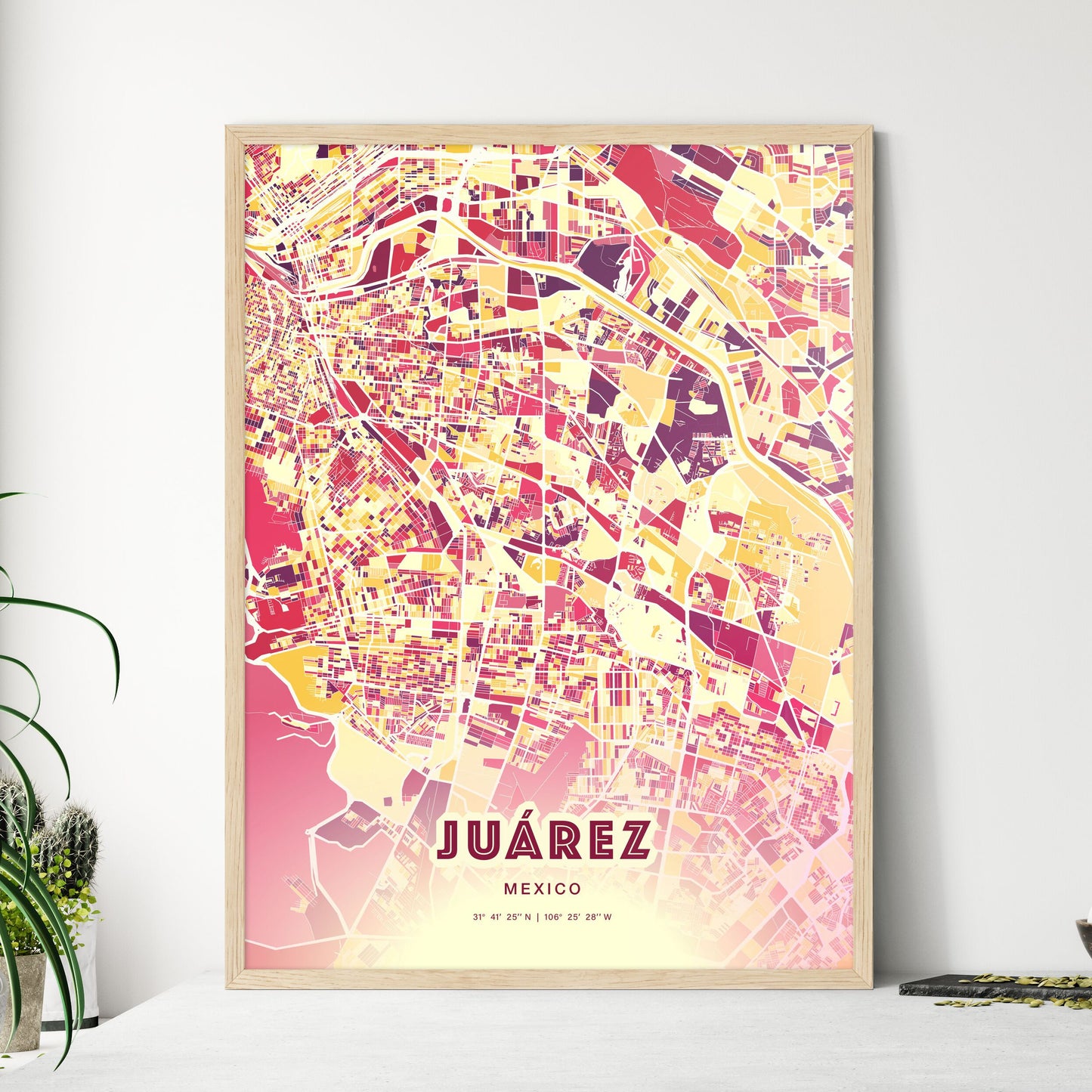 Colorful JUÁREZ MEXICO Fine Art Map Hot Red