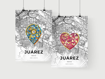 JUÁREZ MEXICO minimal art map with a colorful icon. Where it all began, Couple map gift.