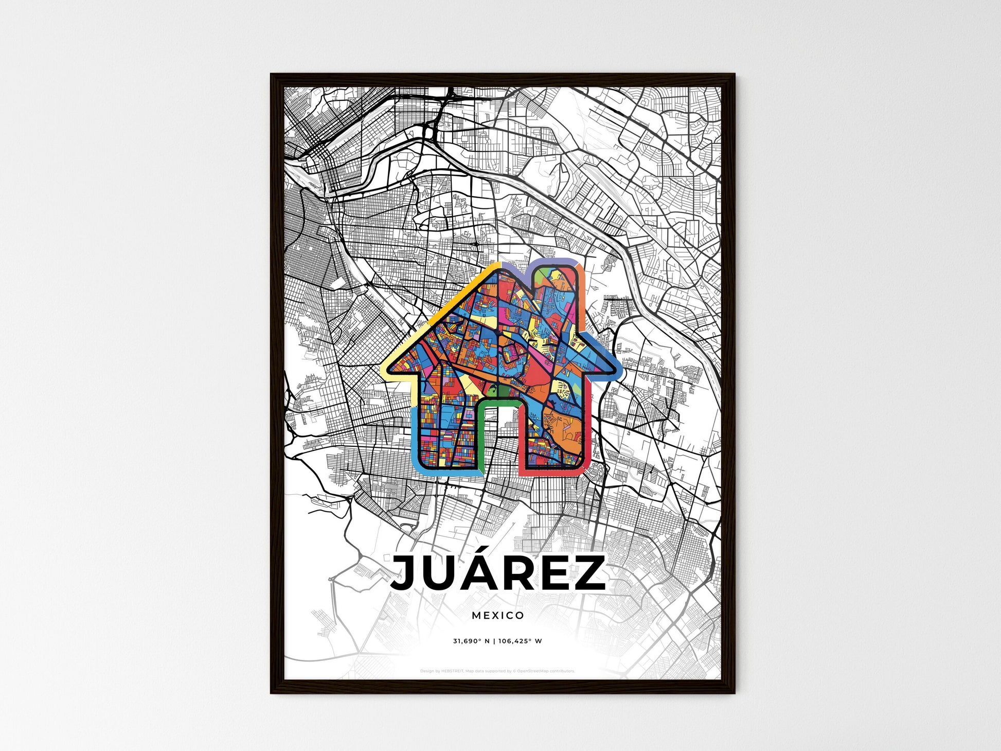 JUÁREZ MEXICO minimal art map with a colorful icon. Where it all began, Couple map gift. Style 3