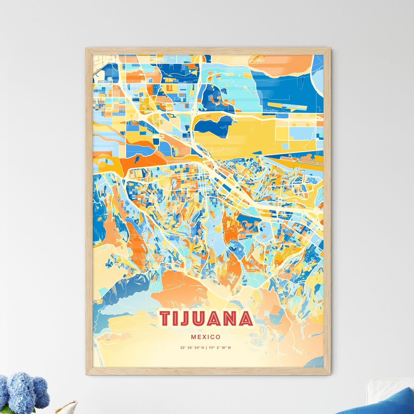 Colorful Tijuana Mexico Fine Art Map Blue Orange