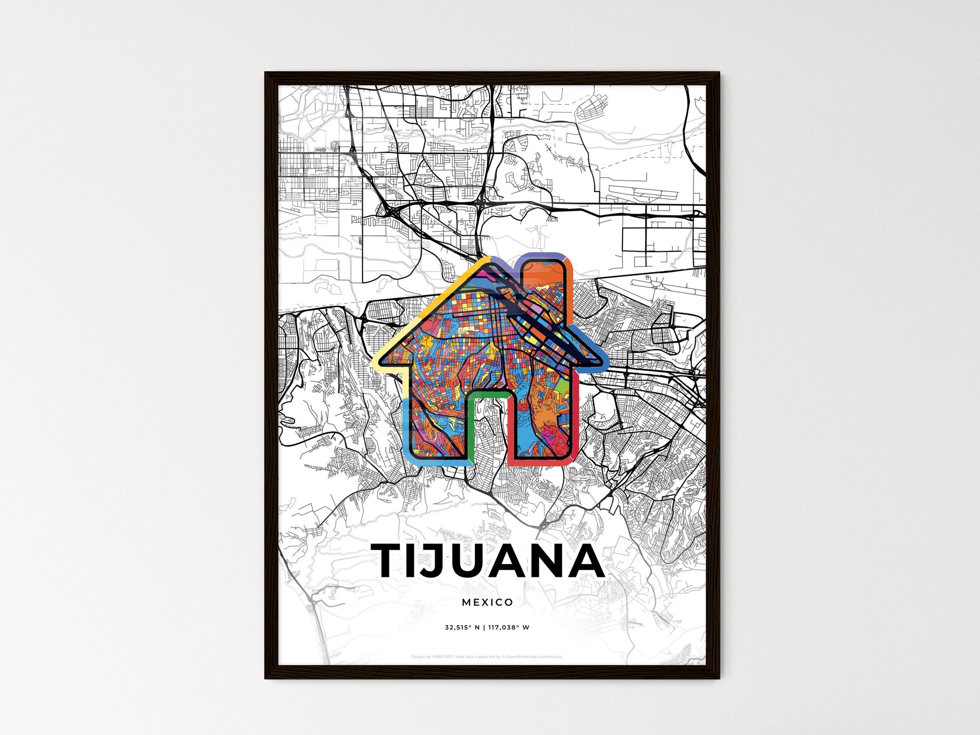 TIJUANA MEXICO minimal art map with a colorful icon. Where it all began, Couple map gift. Style 3