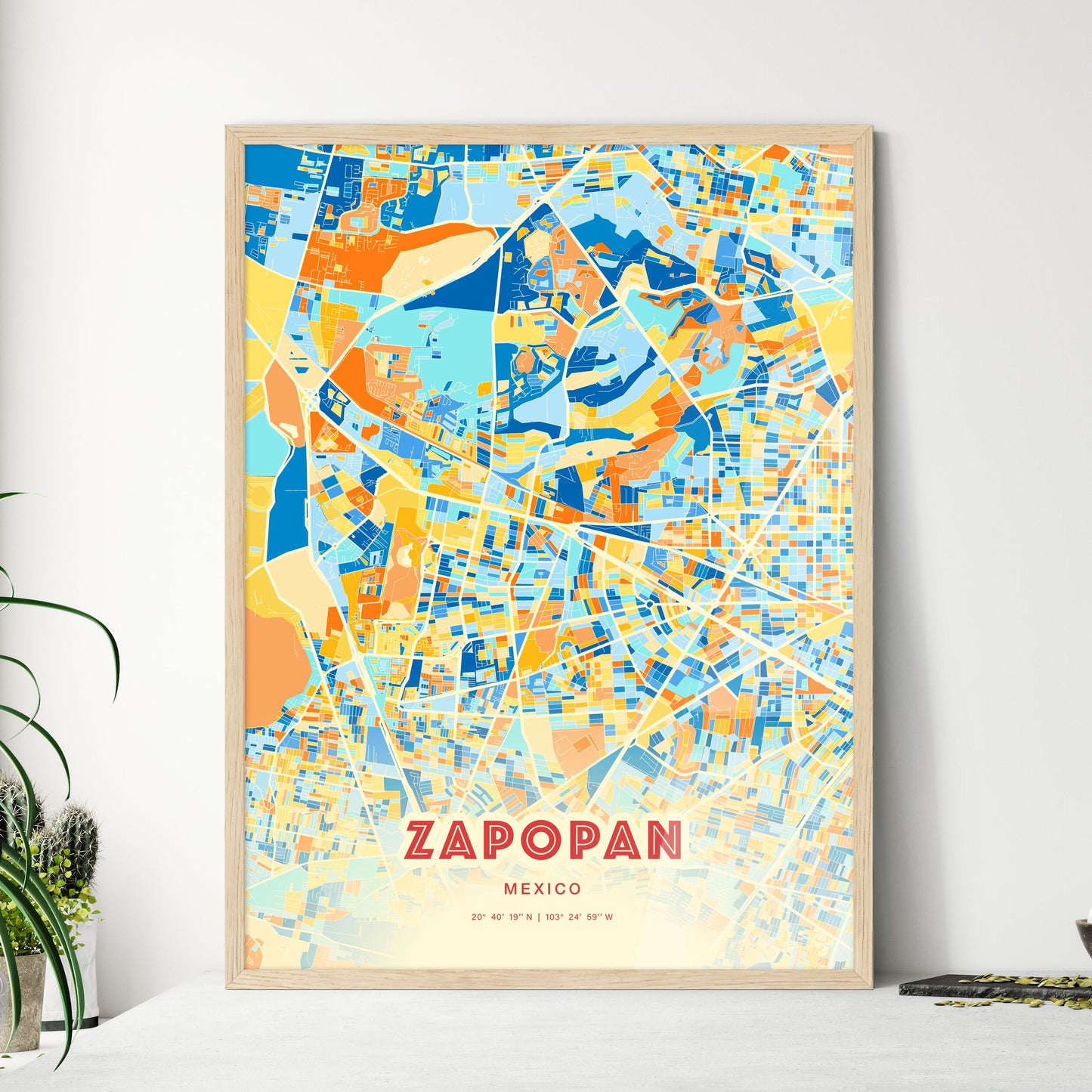 Colorful Zapopan Mexico Fine Art Map Blue Orange