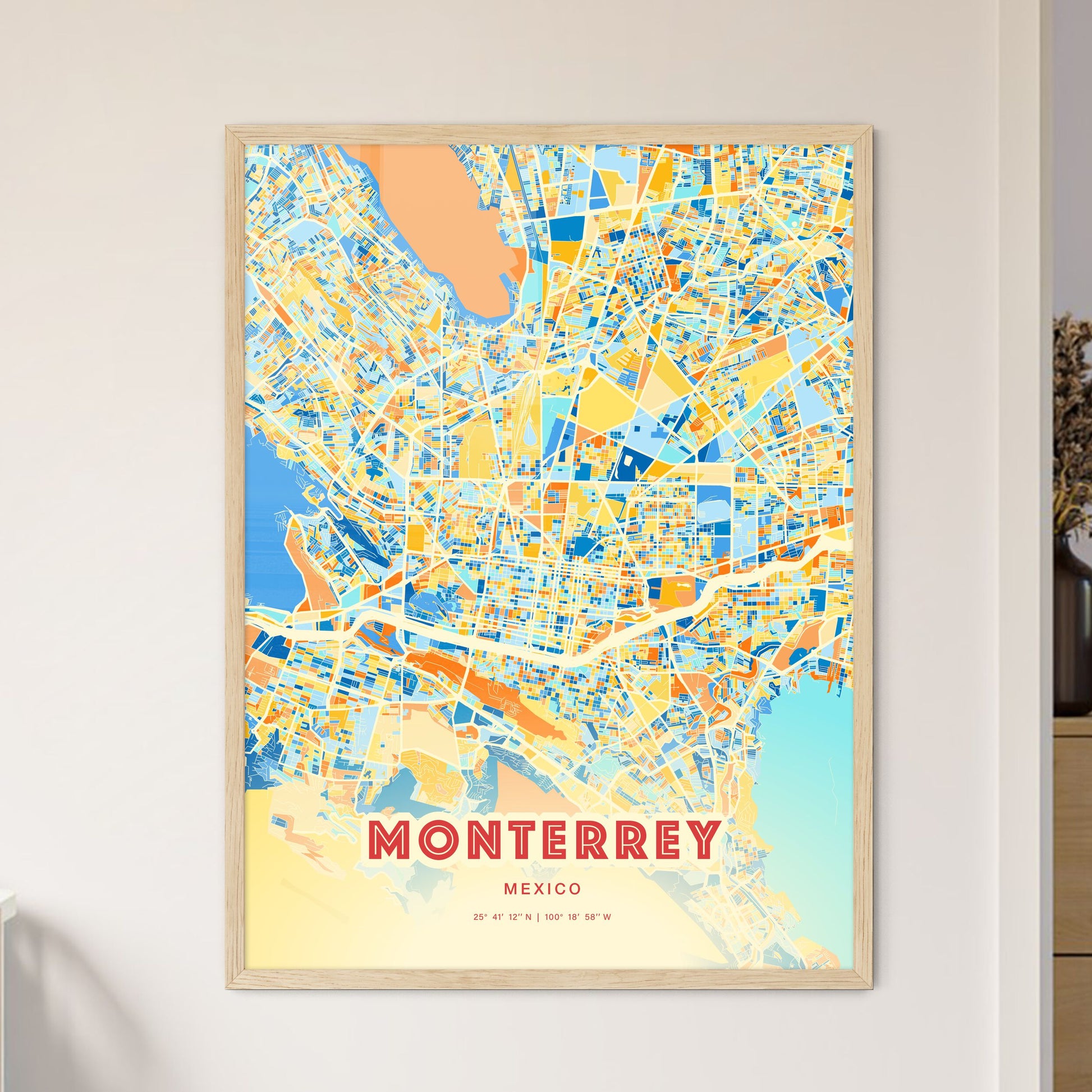Colorful Monterrey Mexico Fine Art Map Blue Orange