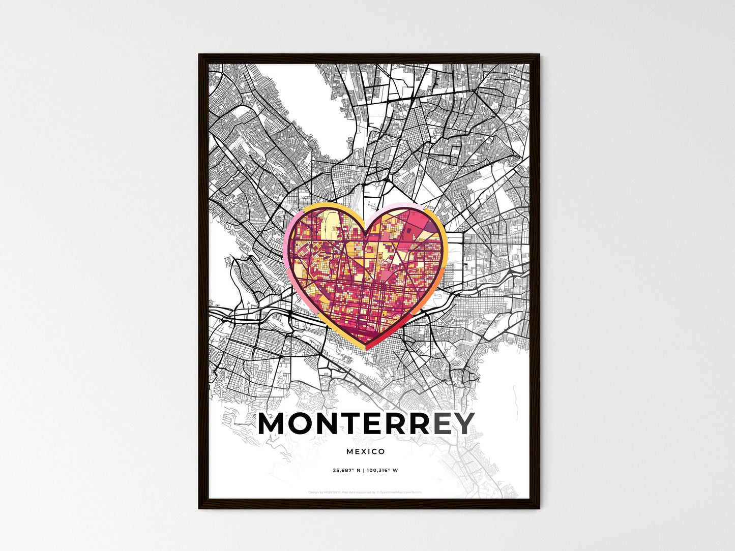 Monterrey Mexico wedding art map with heart icon