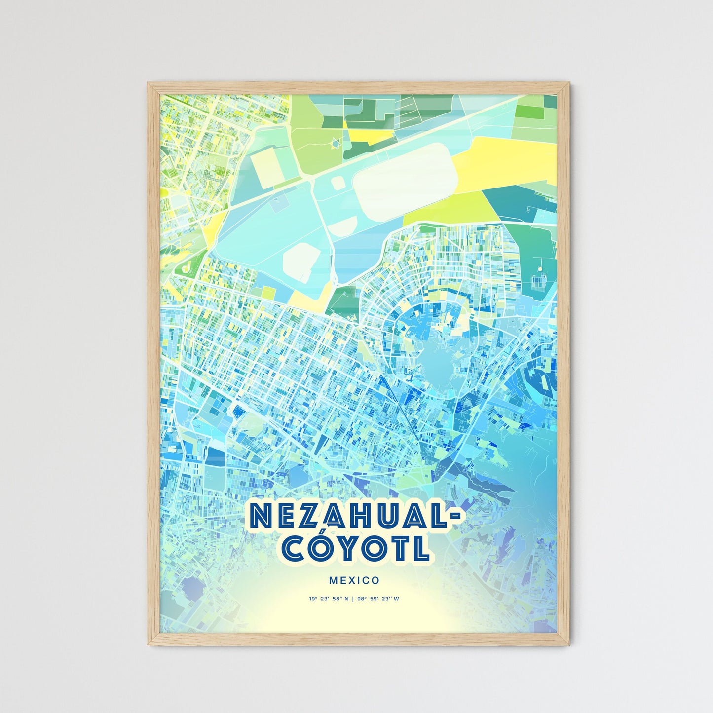 Colorful NEZAHUALCÓYOTL MEXICO Fine Art Map Cool Blue