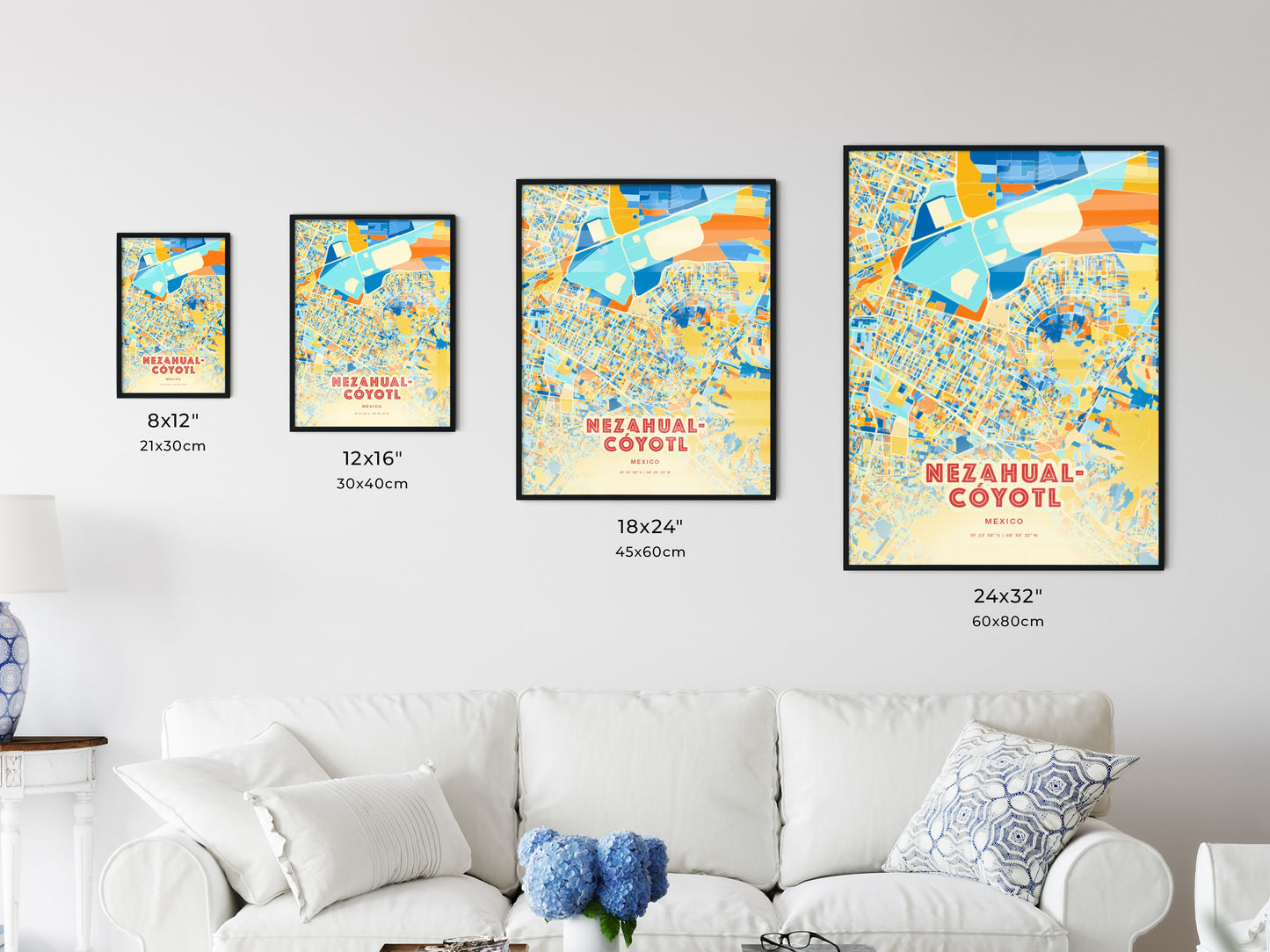 Colorful NEZAHUALCÓYOTL MEXICO Fine Art Map Blue Orange