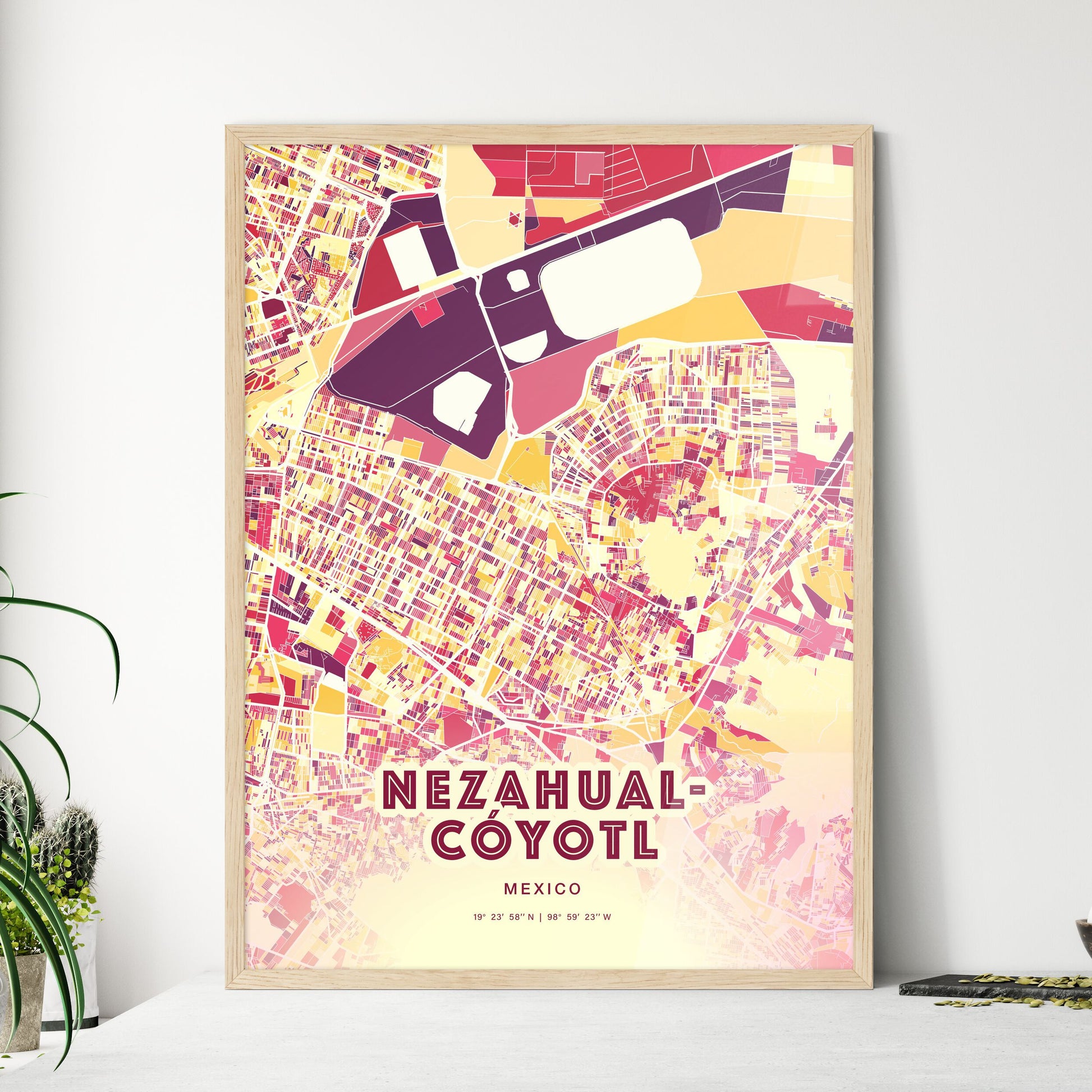 Colorful NEZAHUALCÓYOTL MEXICO Fine Art Map Hot Red