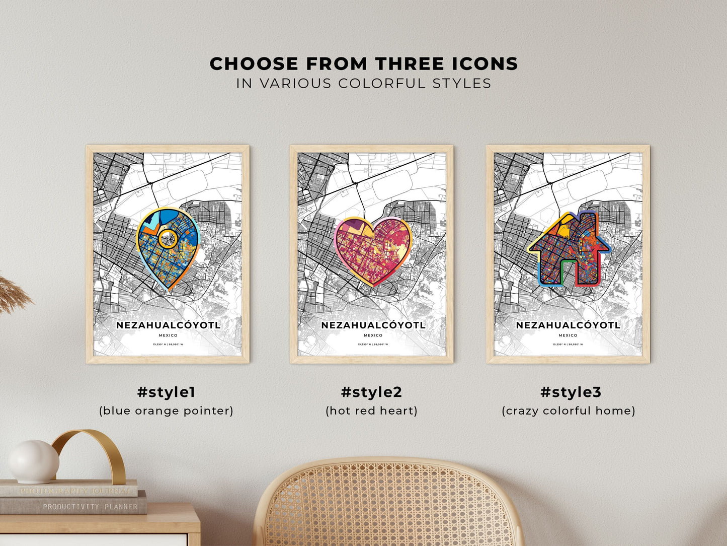 Nezahualcóyotl Mexico maps with colorful icons