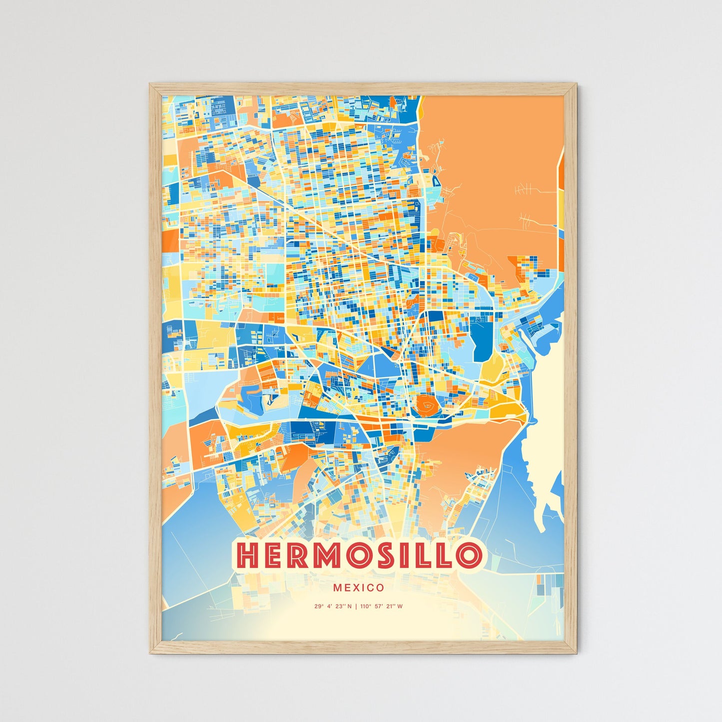 Colorful HERMOSILLO MEXICO Fine Art Map Blue Orange